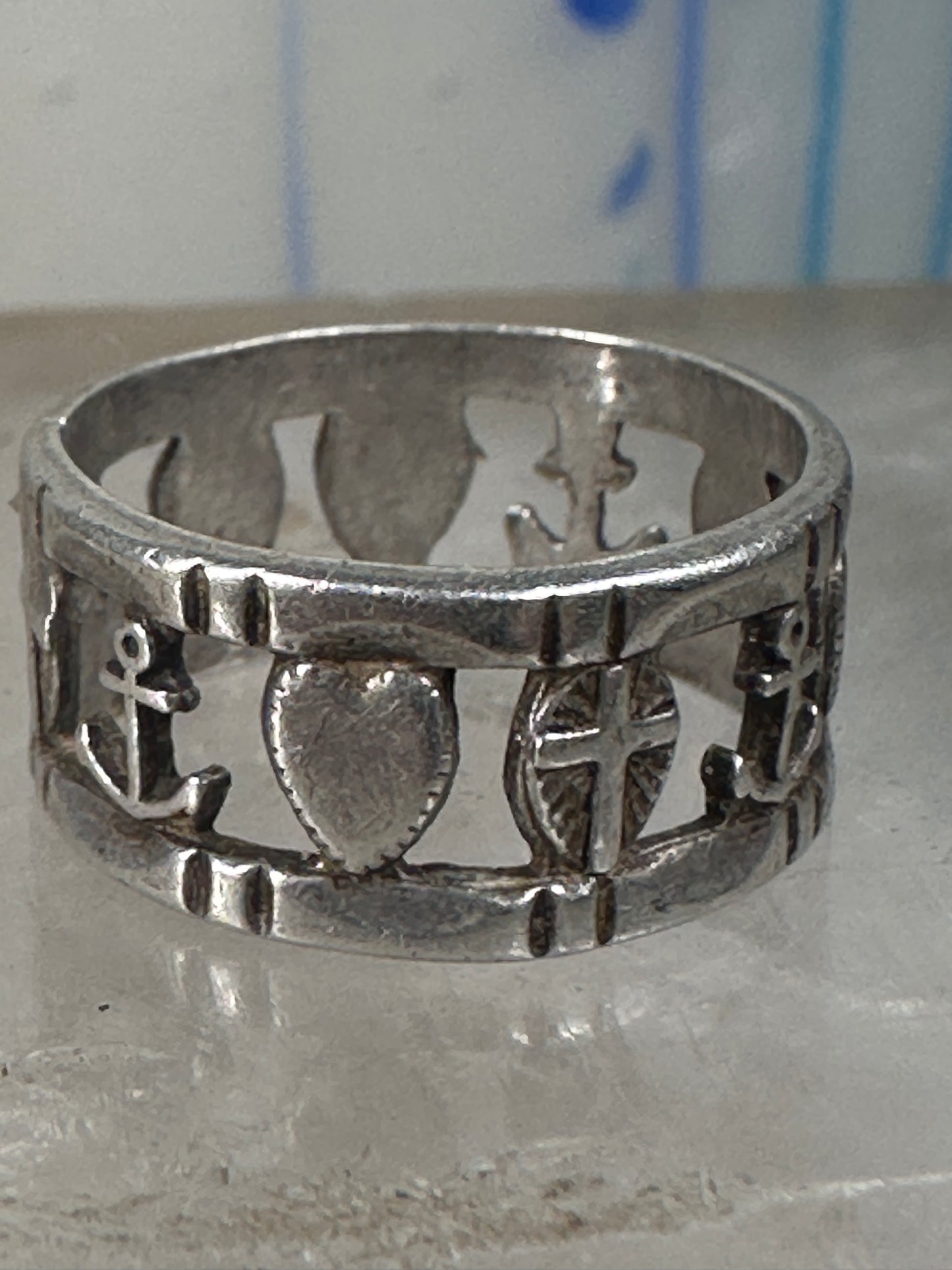 Antique Hope Ring Charity Faith Cross Anchor Heart Band Sterling Silver AS IS