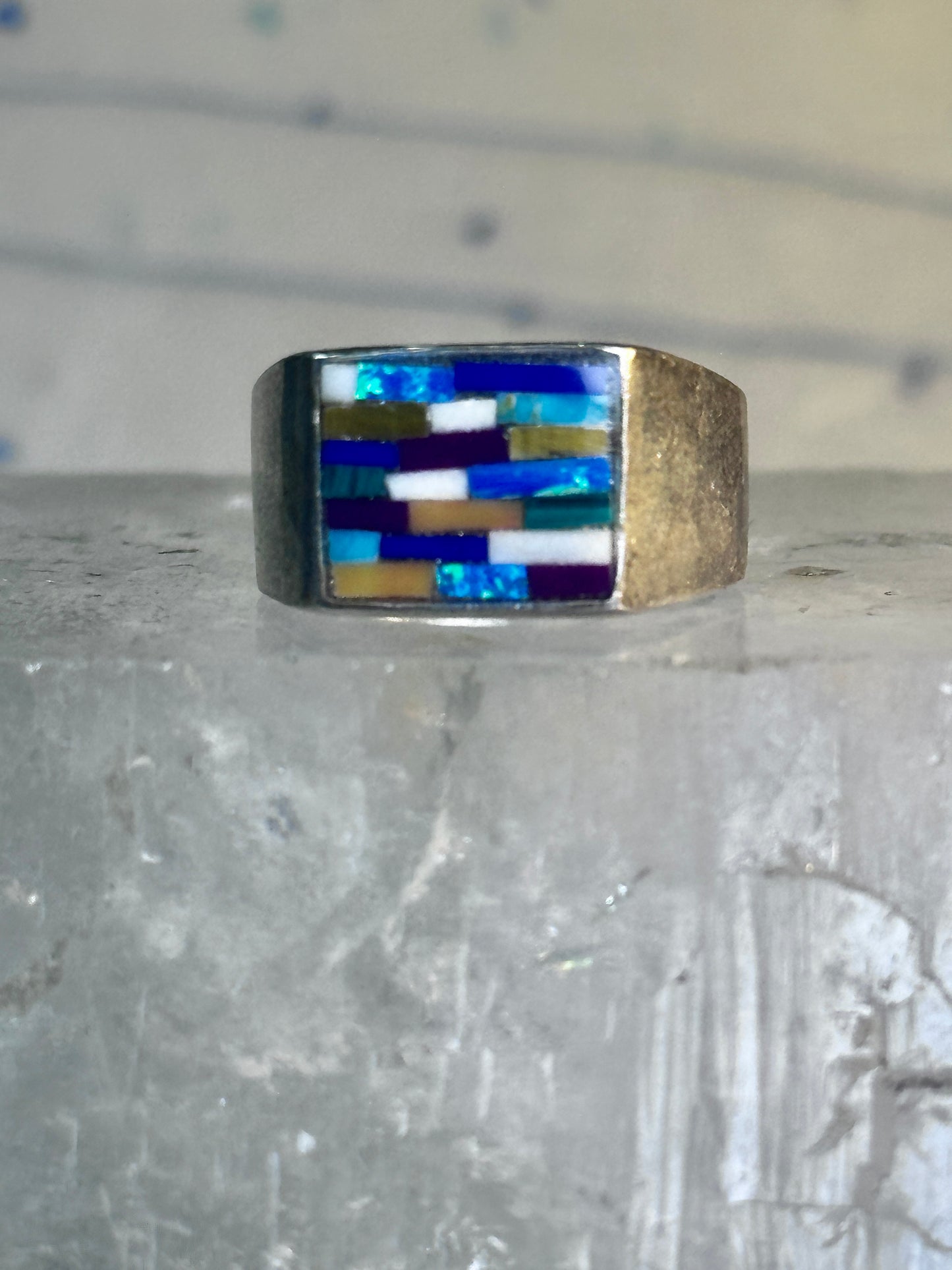 Zuni ring opals ? inlay band with blue stones size 6.7 sterling silver women men