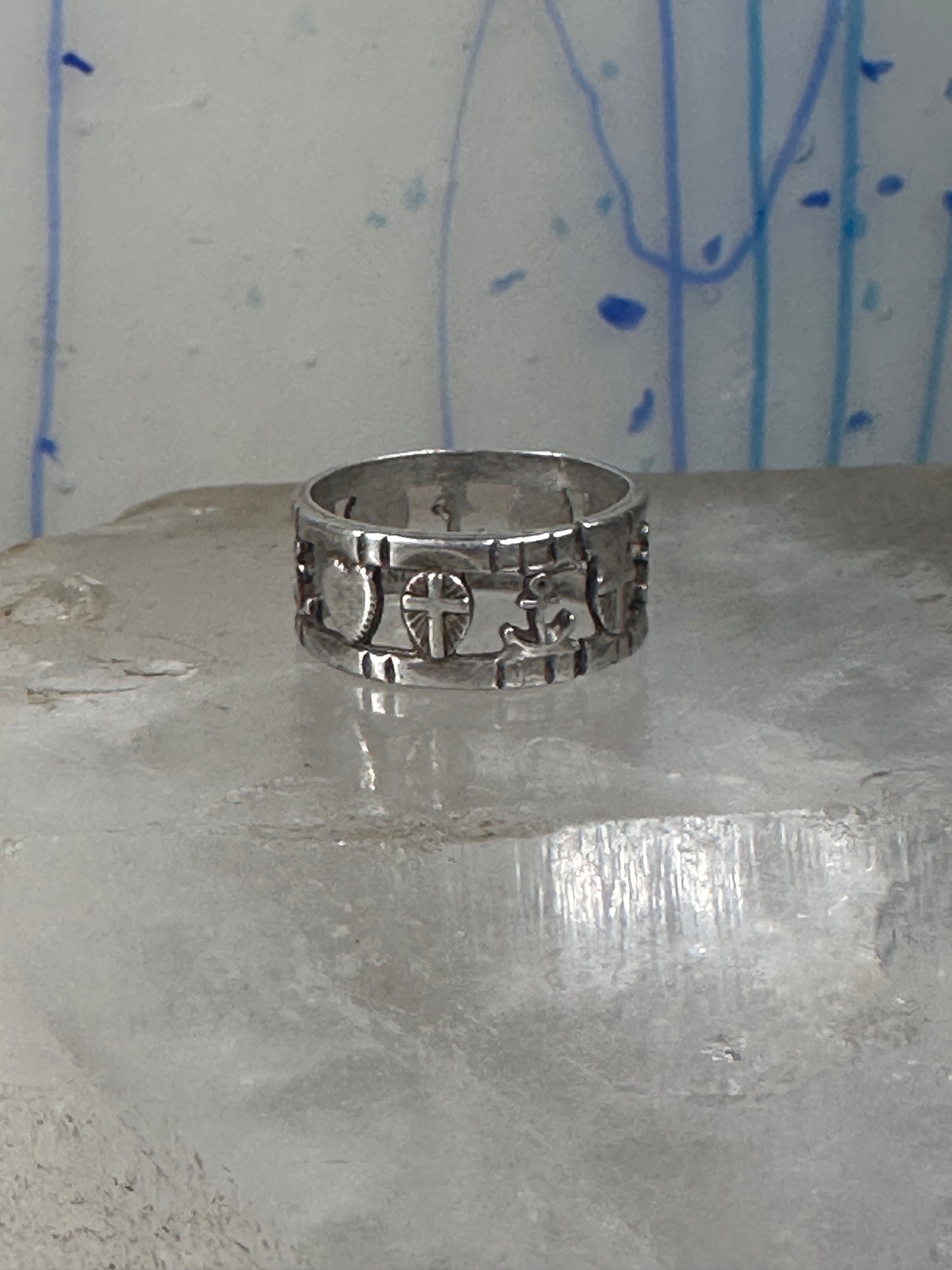 Antique Hope Ring Charity Faith Cross Anchor Heart Band Sterling Silver AS IS