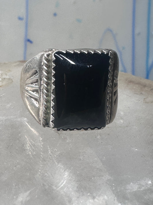 Onyx ring Navajo band size 8 sterling silver women men signed HHL