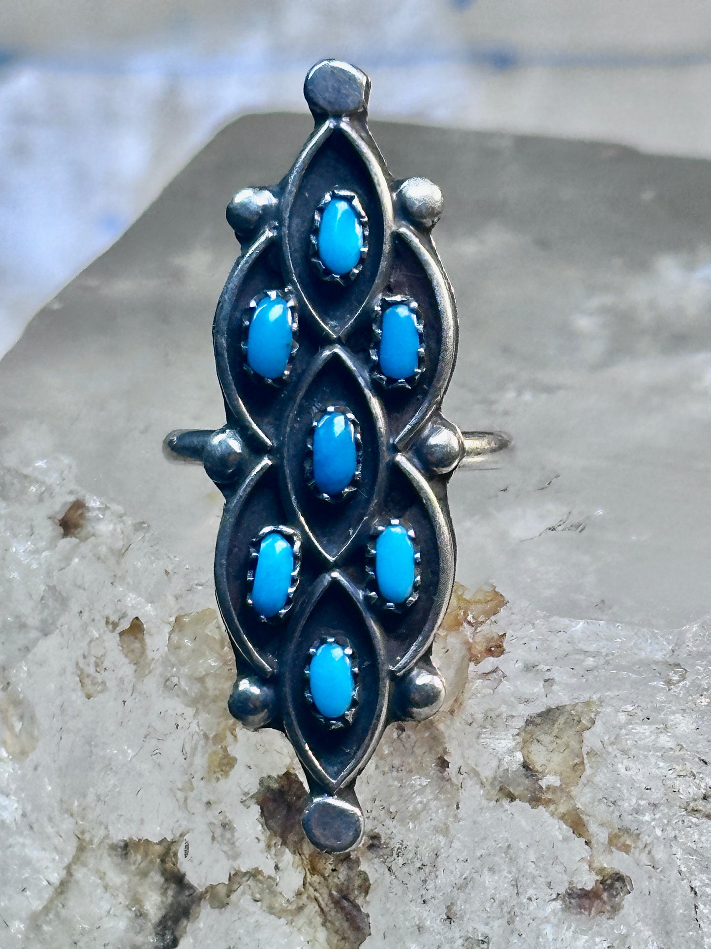 Zuni Ring long Turquoise size 7 sterling silver petite pointe women