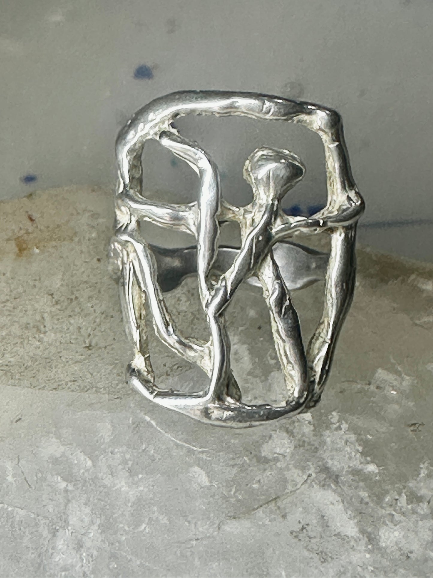 Abstract figurative ring human figure brutalist band size 8 sterling silver figurative brutalist women