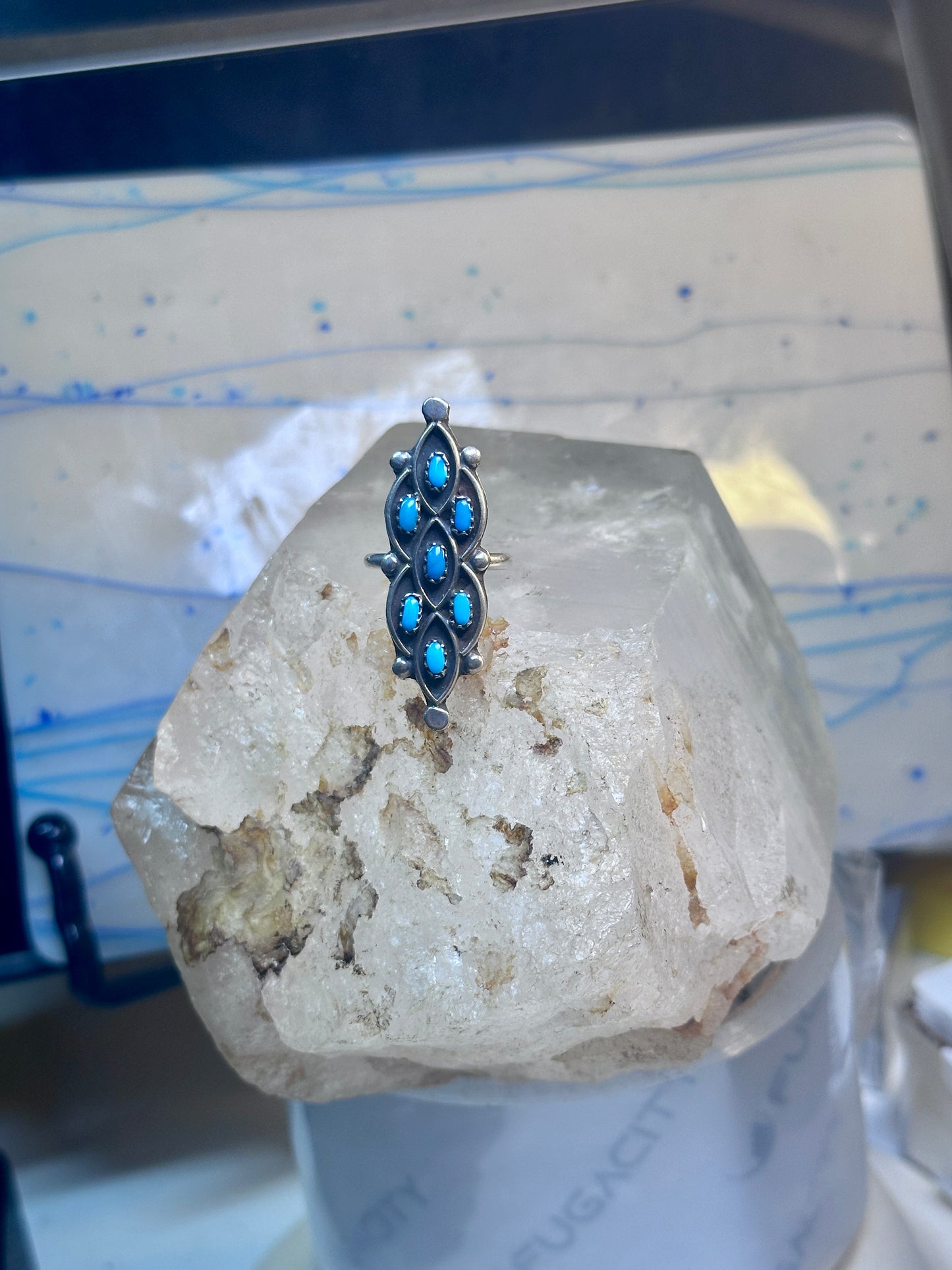 Zuni Ring long Turquoise size 7 sterling silver petite pointe women