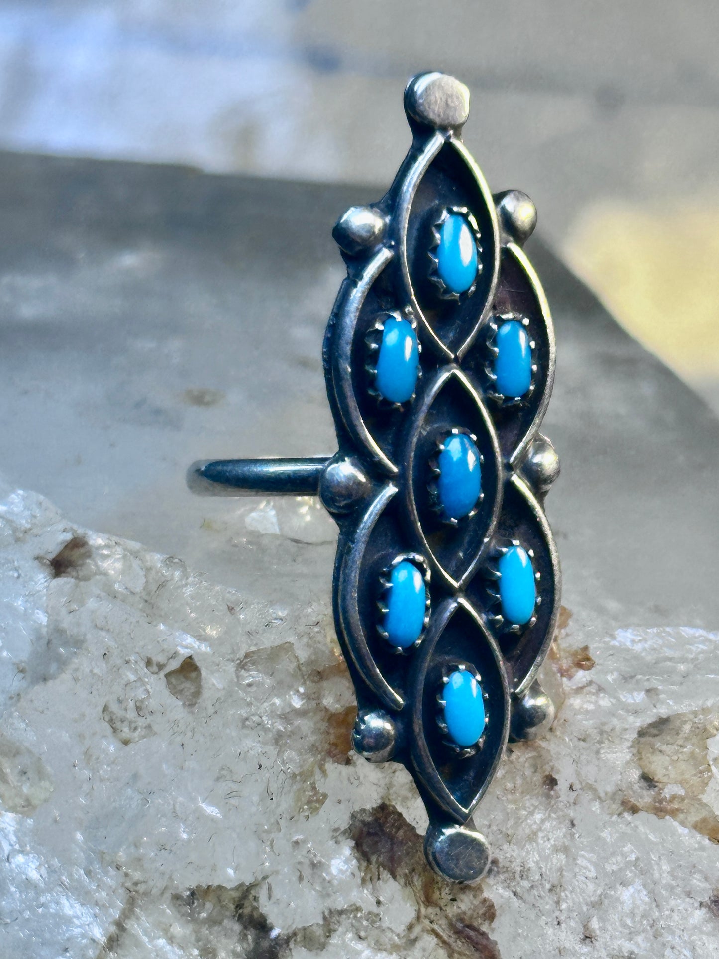 Zuni Ring long Turquoise size 7 sterling silver petite pointe women