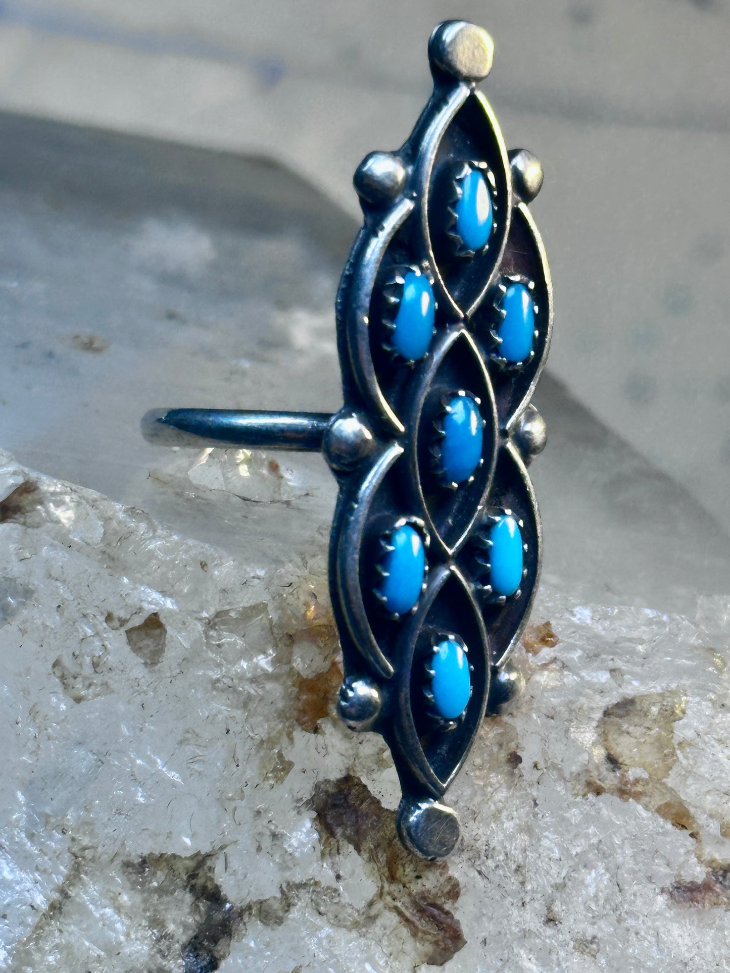 Zuni Ring long Turquoise size 7 sterling silver petite pointe women