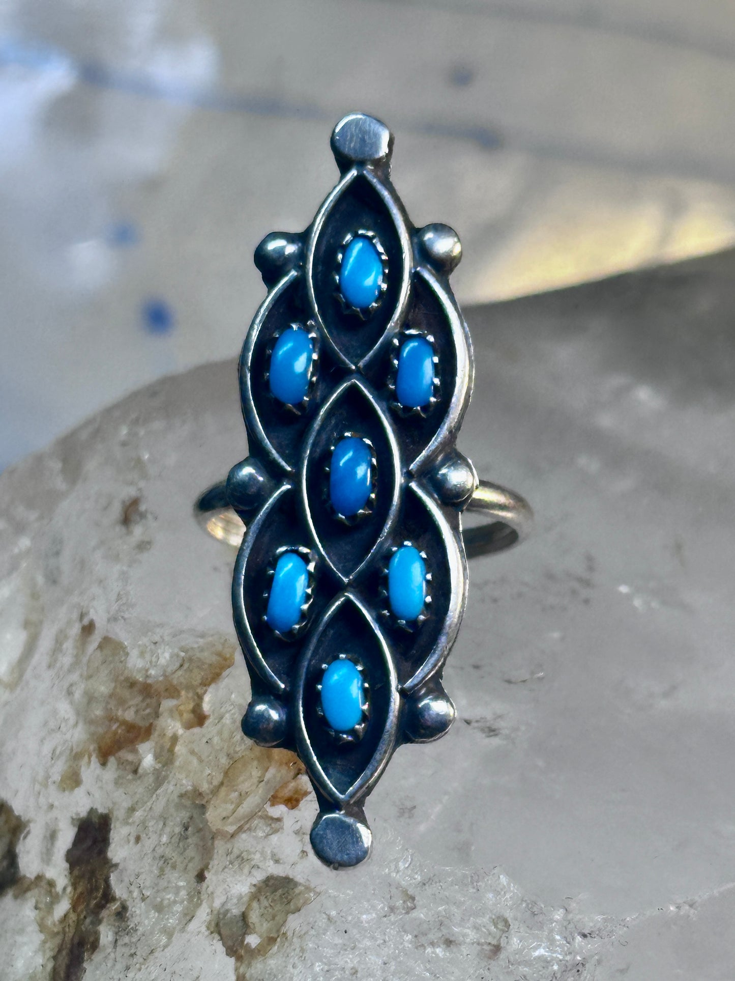 Zuni Ring long Turquoise size 7 sterling silver petite pointe women