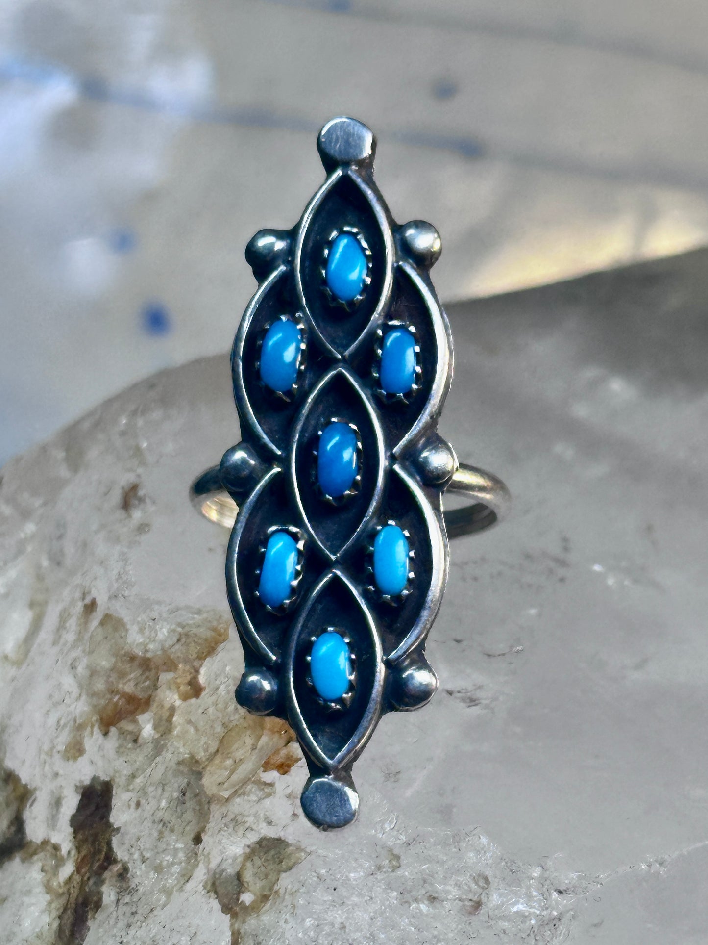 Zuni Ring long Turquoise size 7 sterling silver petite pointe women