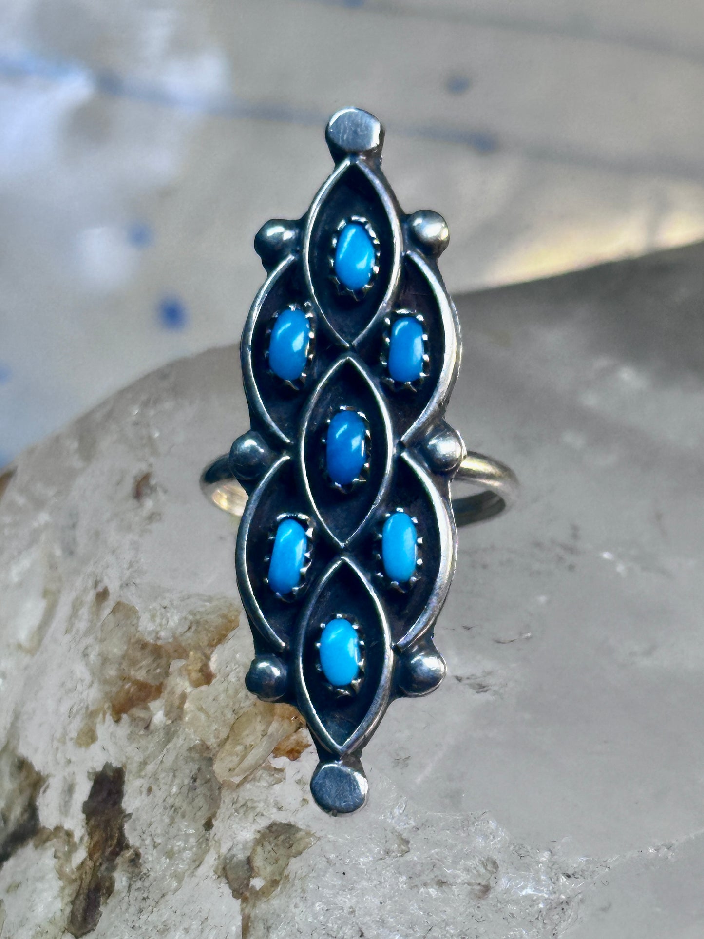Zuni Ring long Turquoise size 7 sterling silver petite pointe women