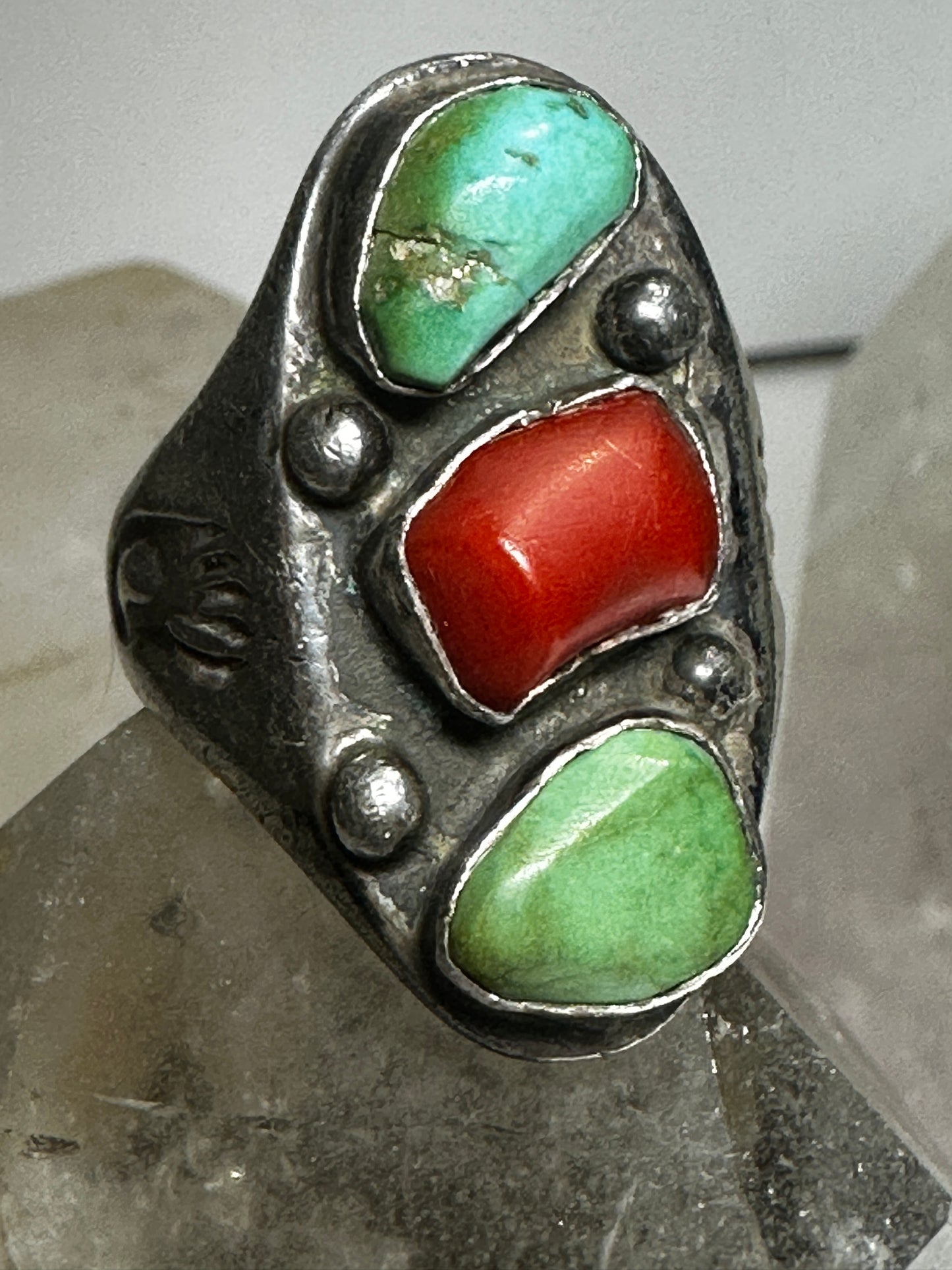 Navajo ring Coral Turquoise bear claw  heavy band size 11.75 sterling silver women men