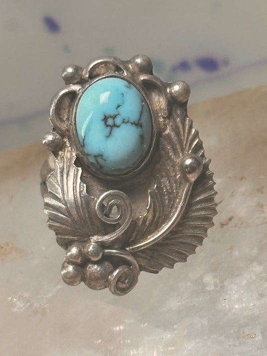Navajo ring long leaves turquoise signed EP size 5.75 sterling silver women