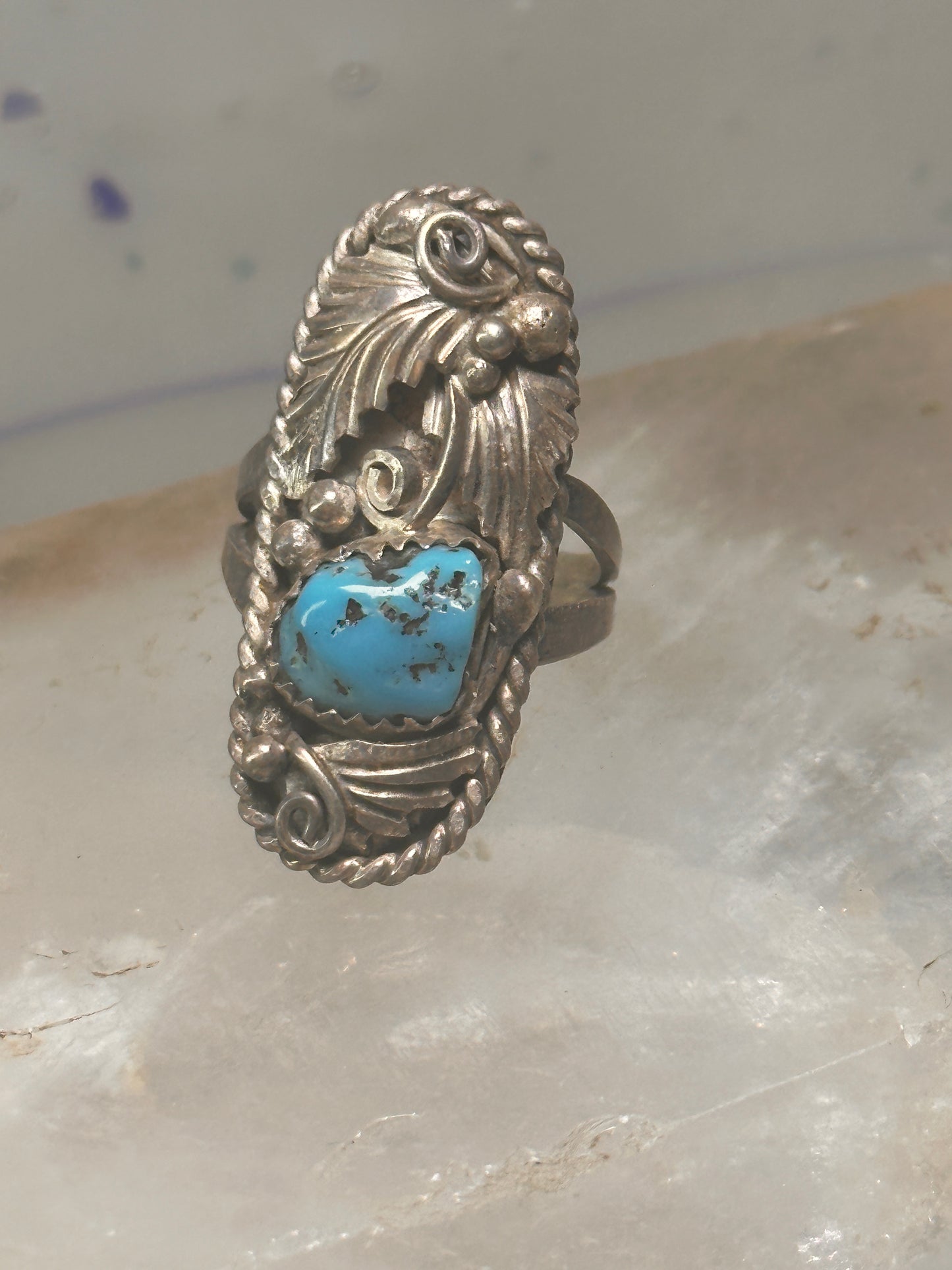 Navajo ring long leaves turquoise signed EP size 6 sterling silver women