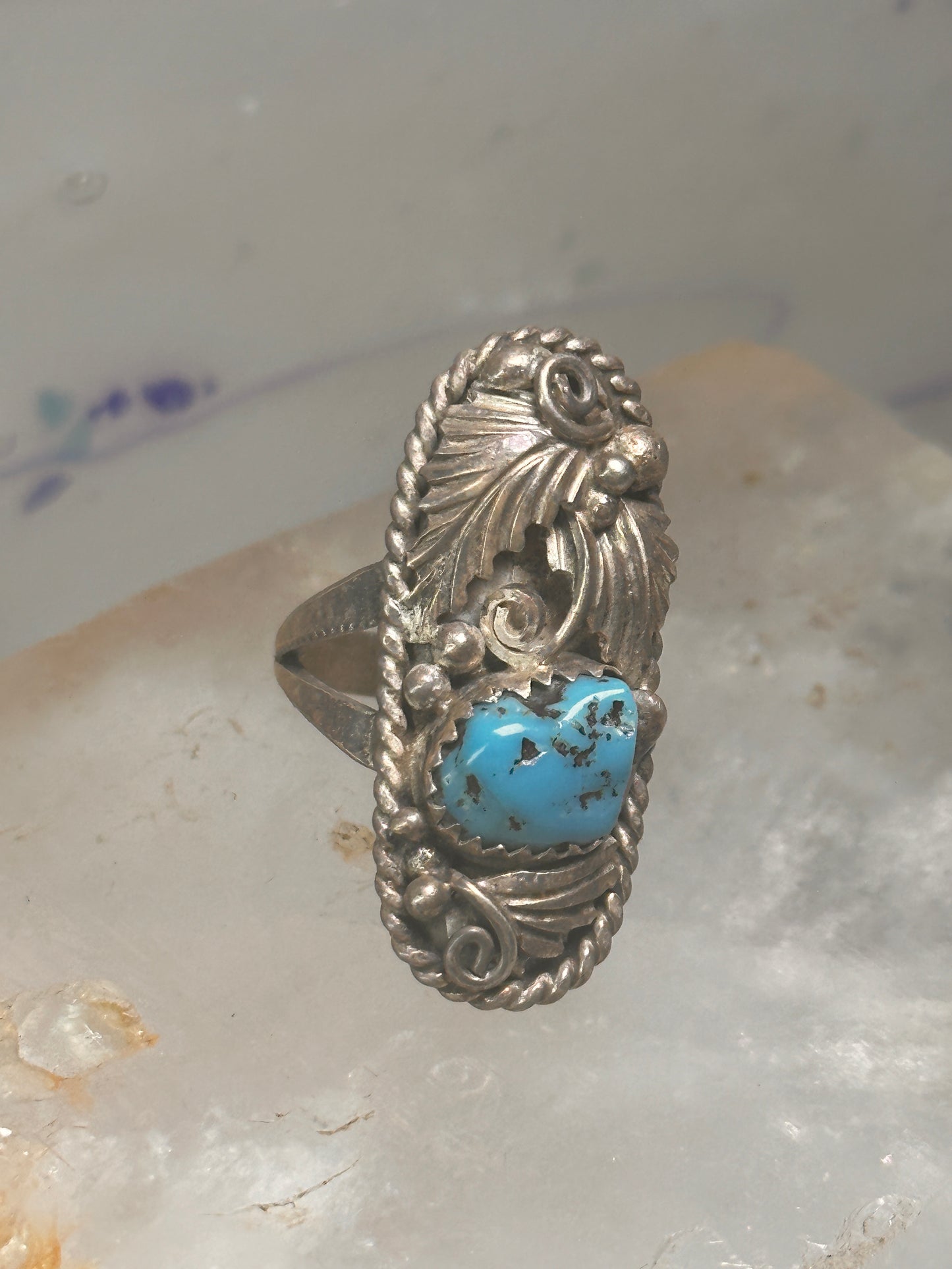 Navajo ring long leaves turquoise signed EP size 6 sterling silver women