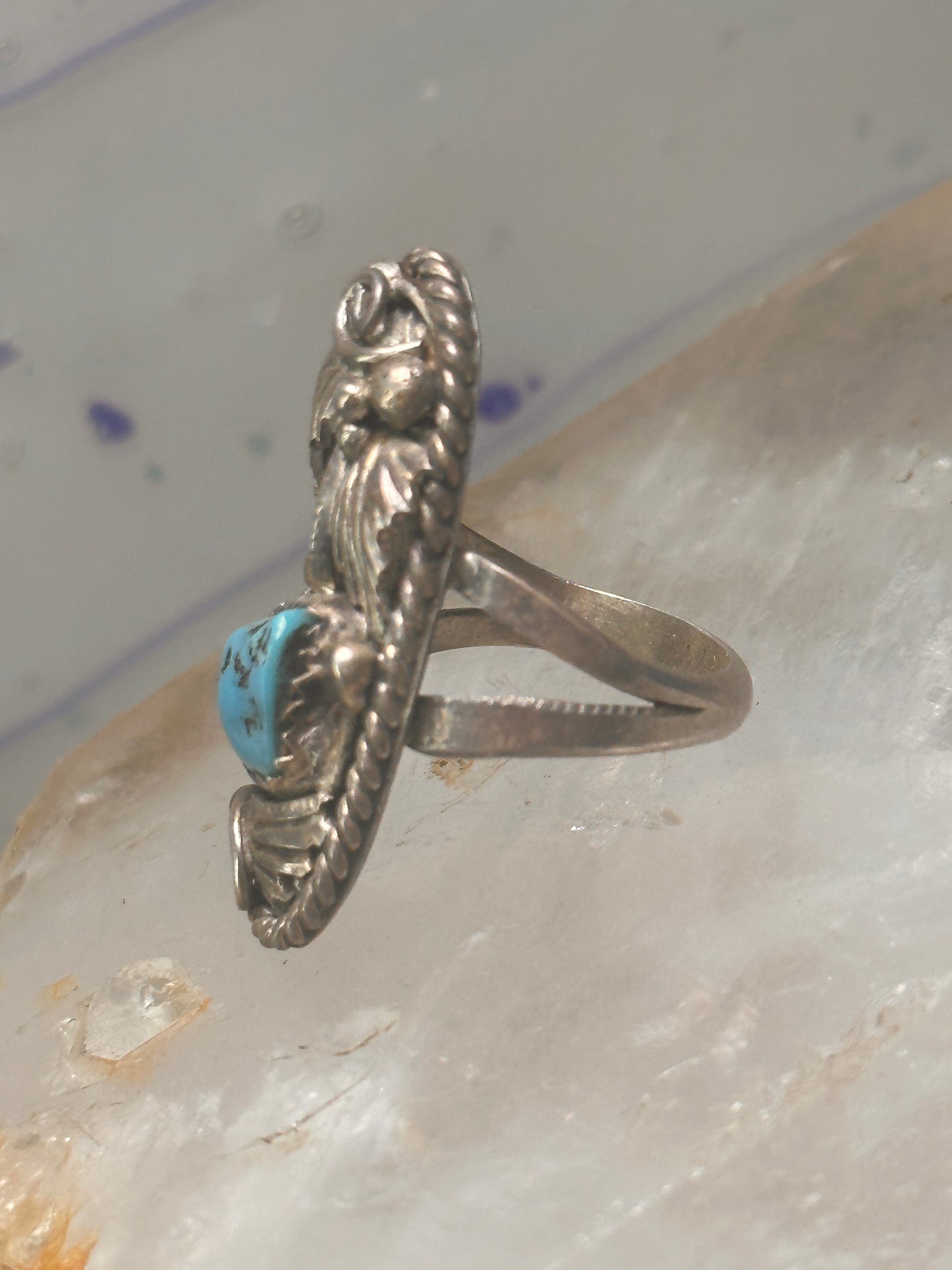 Navajo ring long leaves turquoise signed EP size 6 sterling silver women