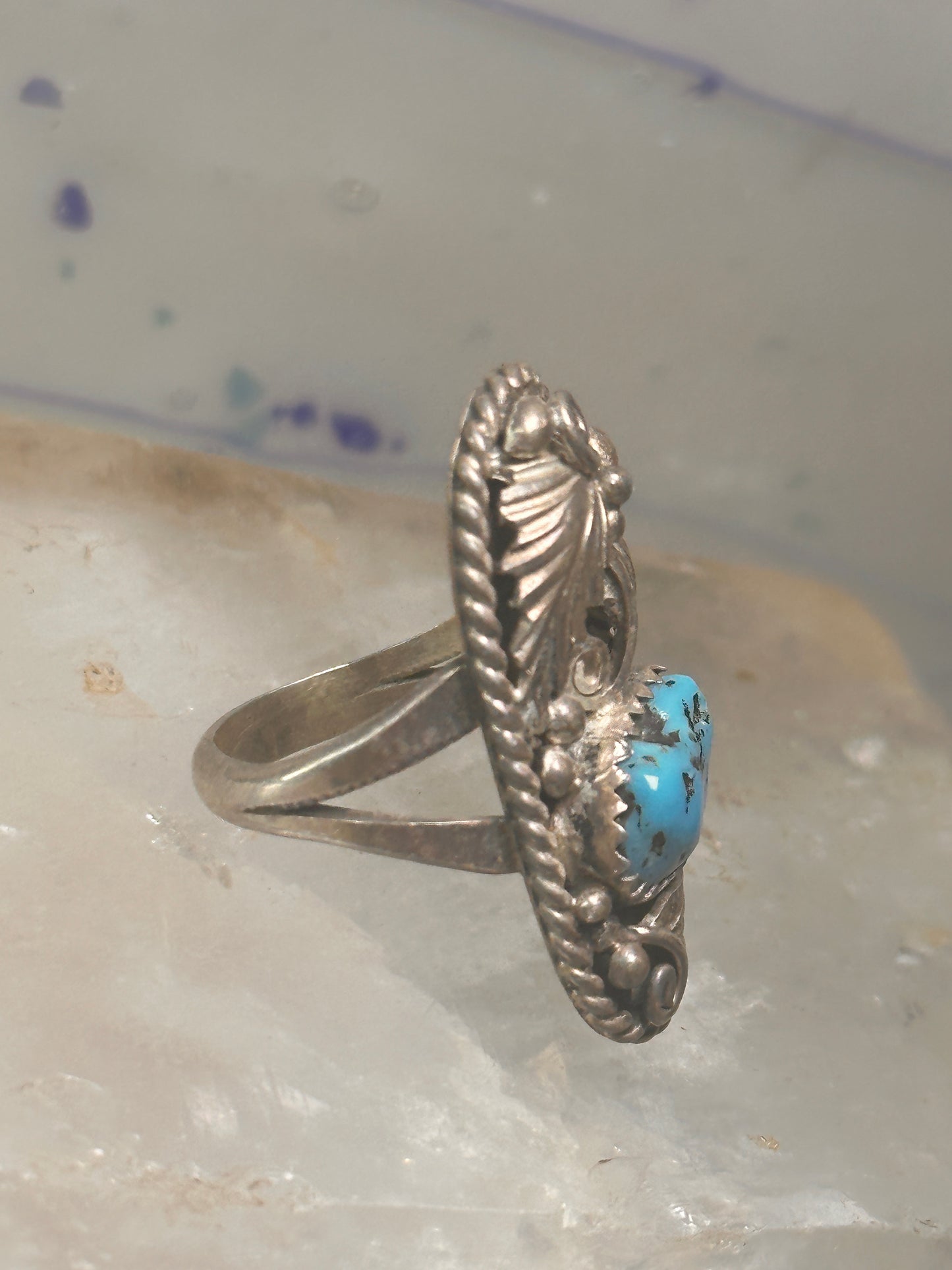 Navajo ring long leaves turquoise signed EP size 6 sterling silver women