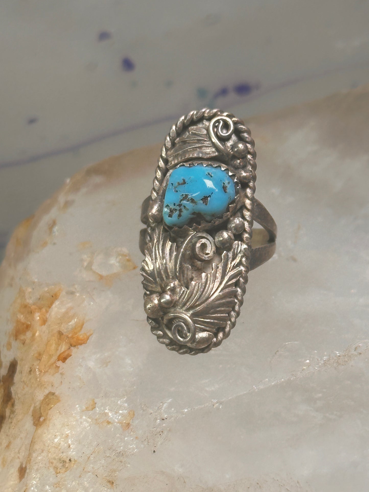 Navajo ring long leaves turquoise signed EP size 6 sterling silver women