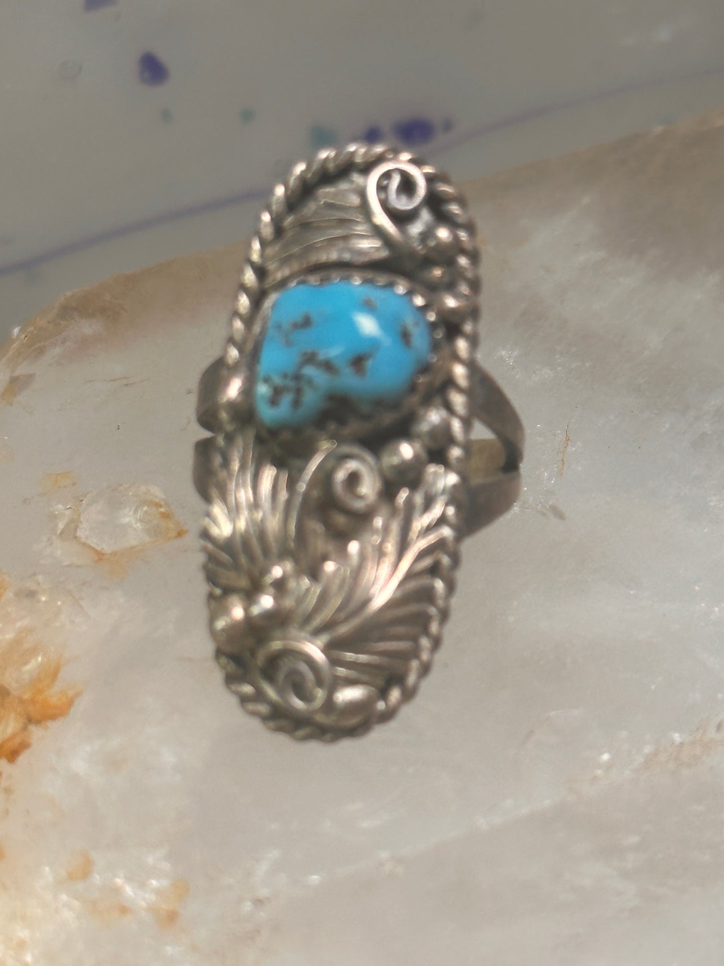 Navajo ring long leaves turquoise signed EP size 6 sterling silver women