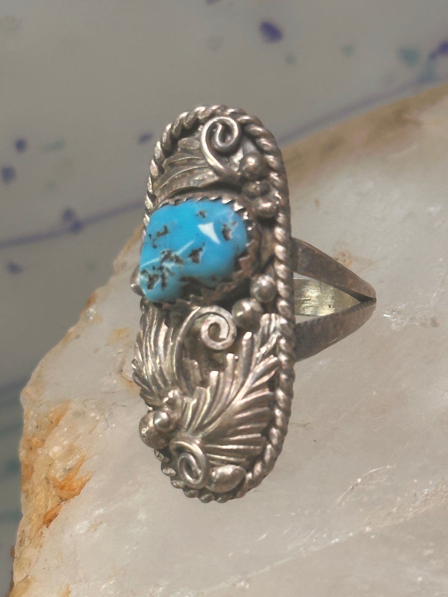 Navajo ring long leaves turquoise signed EP size 6 sterling silver women