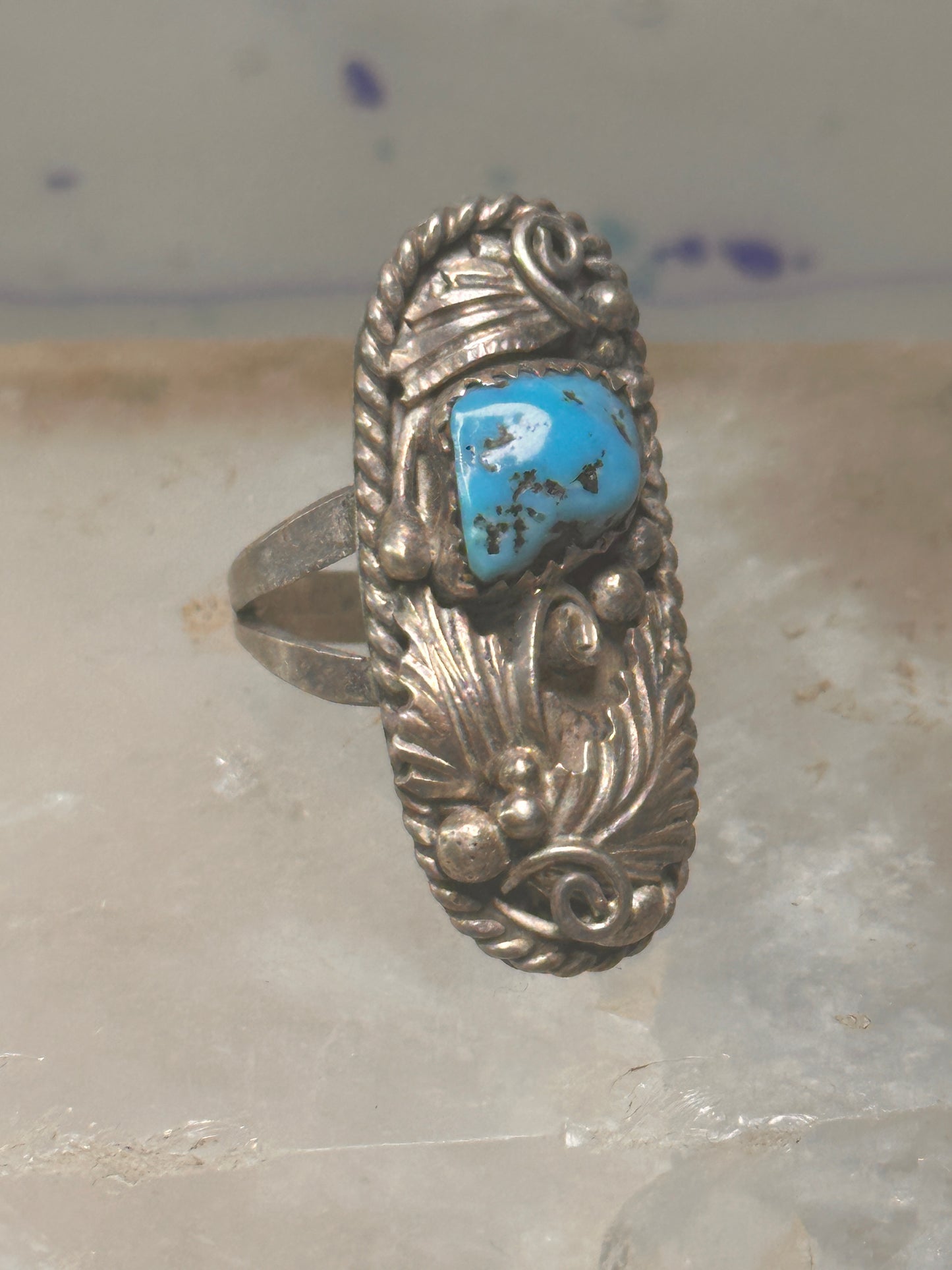 Navajo ring long leaves turquoise signed EP size 6 sterling silver women