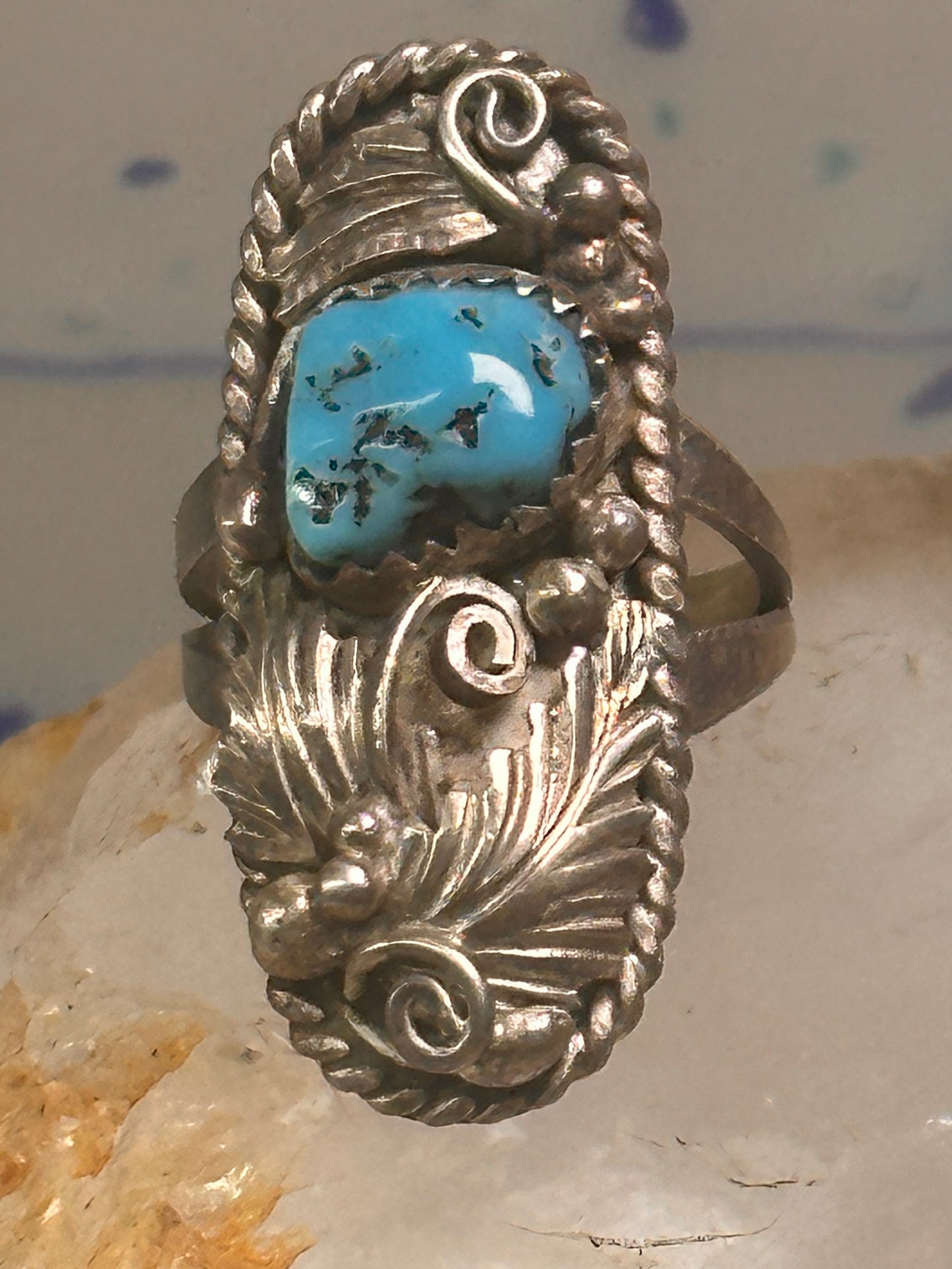 Navajo ring long leaves turquoise signed EP size 6 sterling silver women