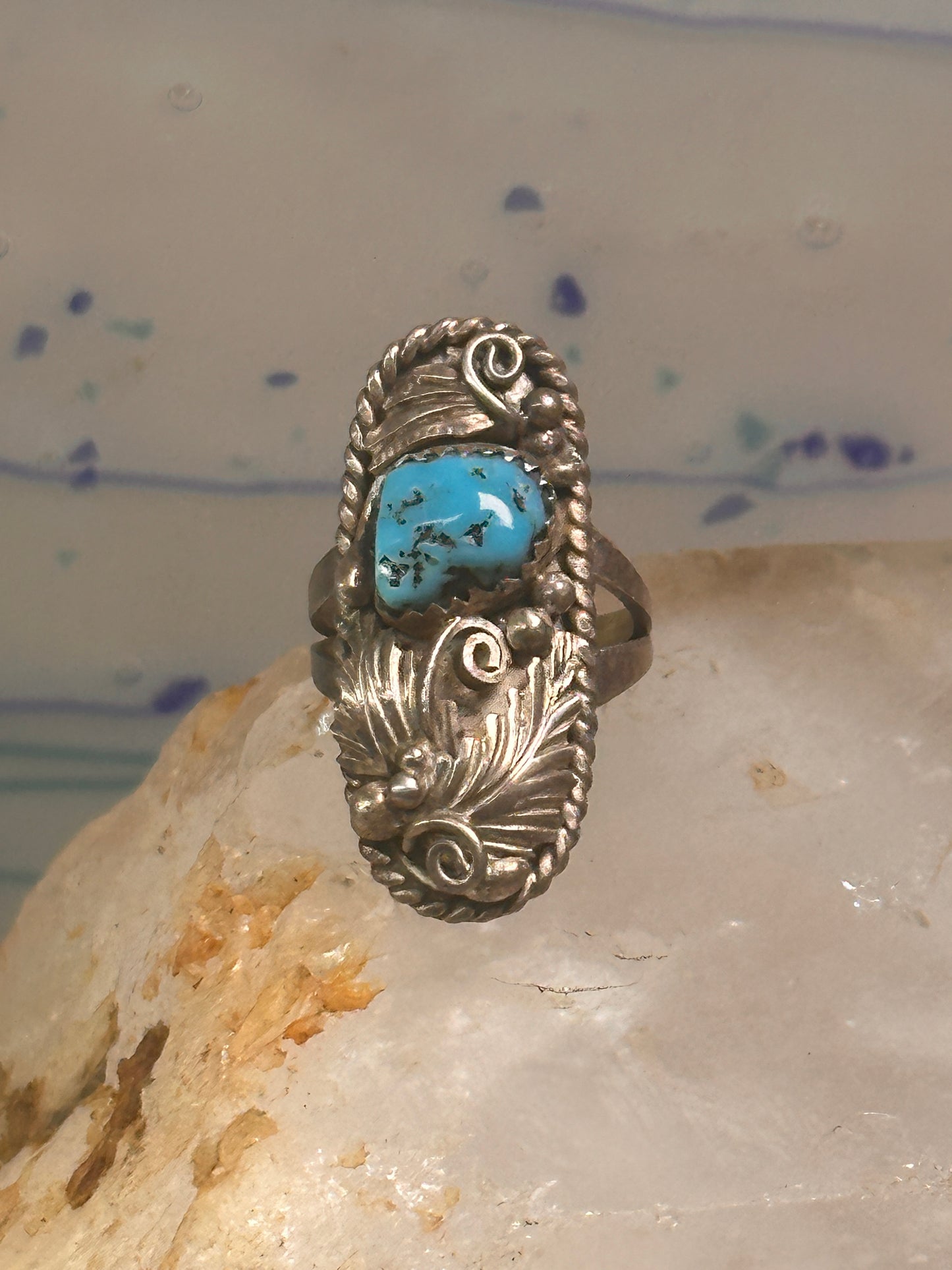 Navajo ring long leaves turquoise signed EP size 6 sterling silver women