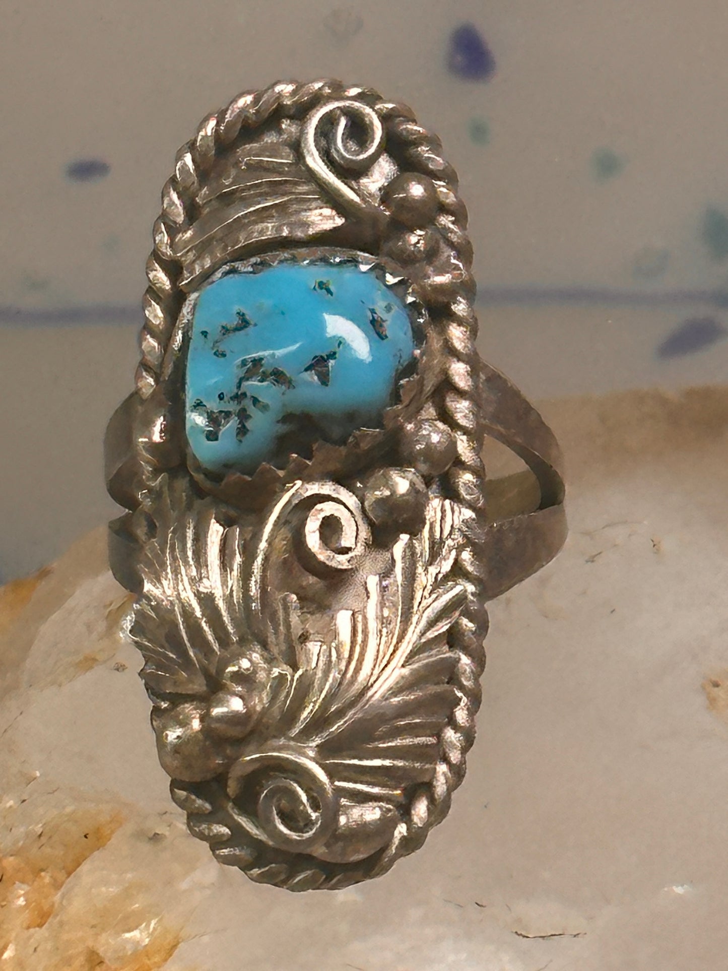 Navajo ring long leaves turquoise signed EP size 6 sterling silver women