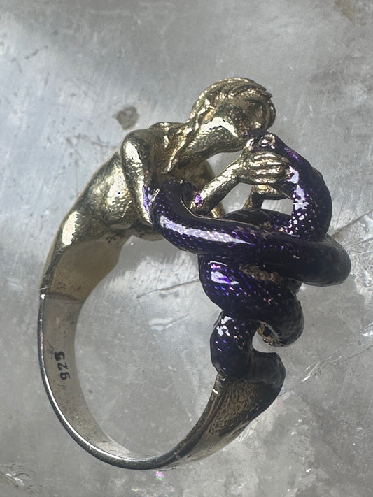 Figurative ring naked lady holding snake band size 7 sterling silver women