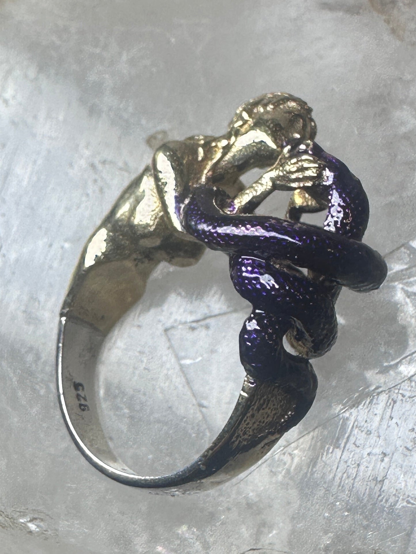 Figurative ring naked lady holding snake band size 7 sterling silver women