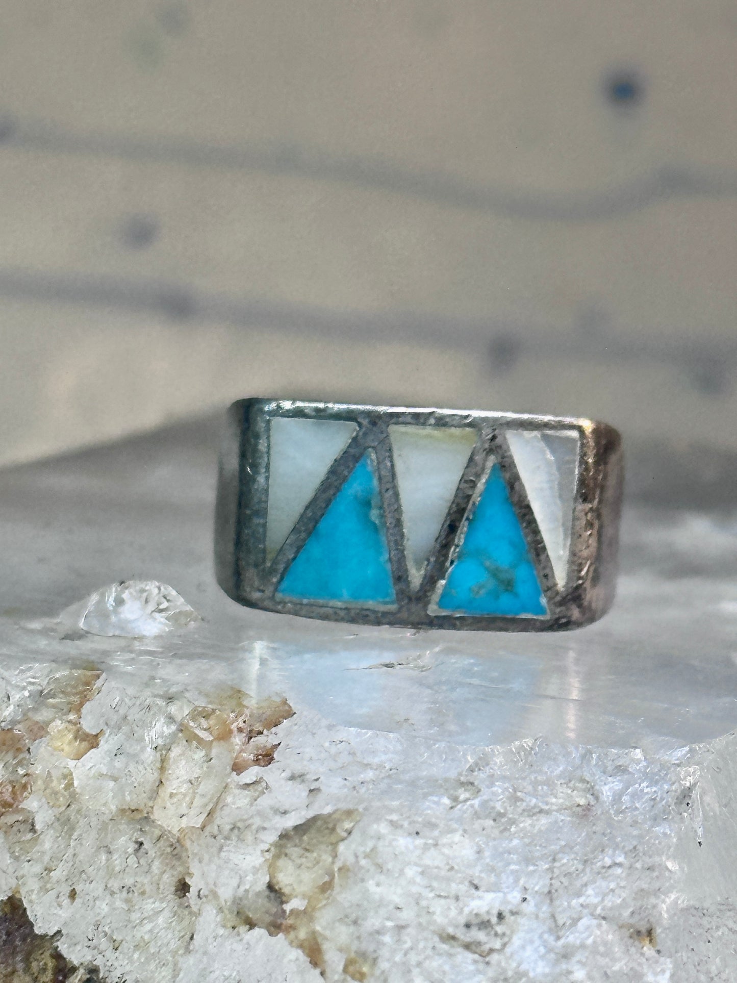 Turquoise Ring mother of pearl band southwest size 7.25 sterling silver women men