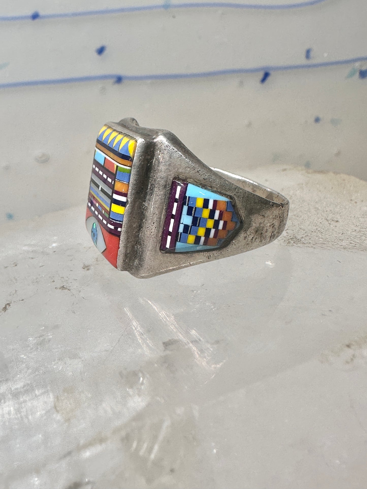 Zuni ring turquoise abalone coral inlay size 9 sterling silver women men