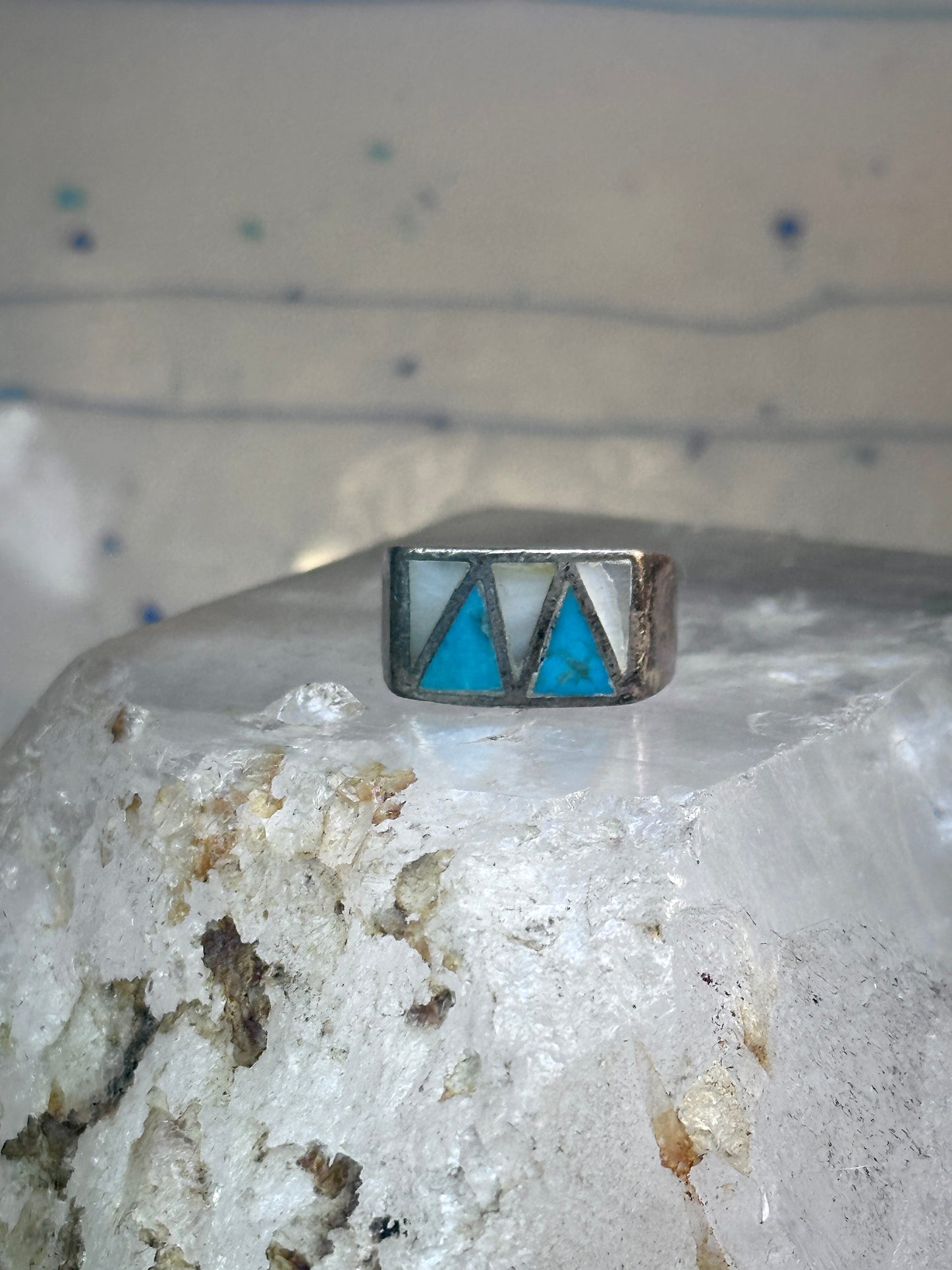 Turquoise Ring mother of pearl band southwest size 7.25 sterling silver women men
