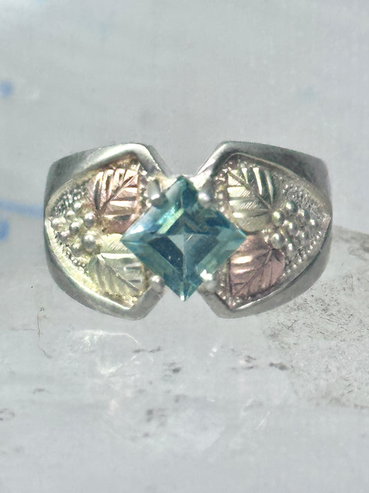 Black Hills Gold Ring aquamarine blue color stone leaves band size 5.75 sterling silver women pinky