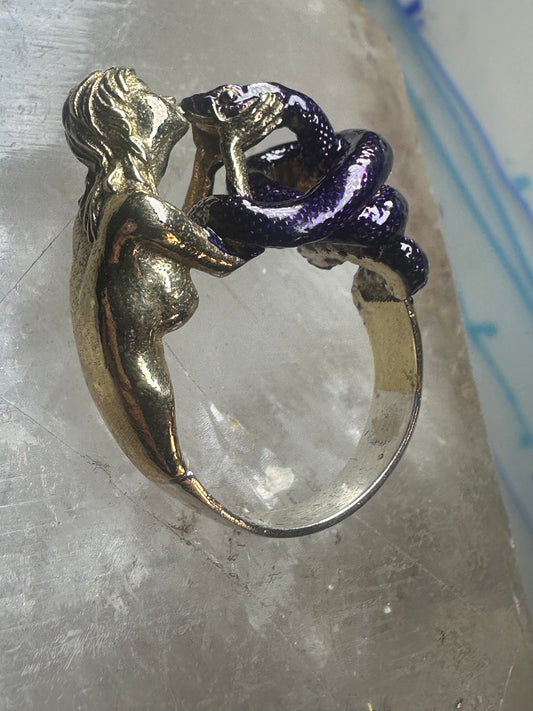 Figurative ring naked lady holding snake band size 7 sterling silver women