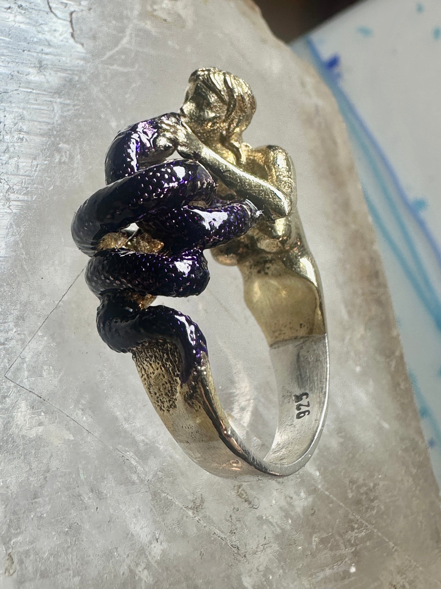 Figurative ring naked lady holding snake band size 7 sterling silver women