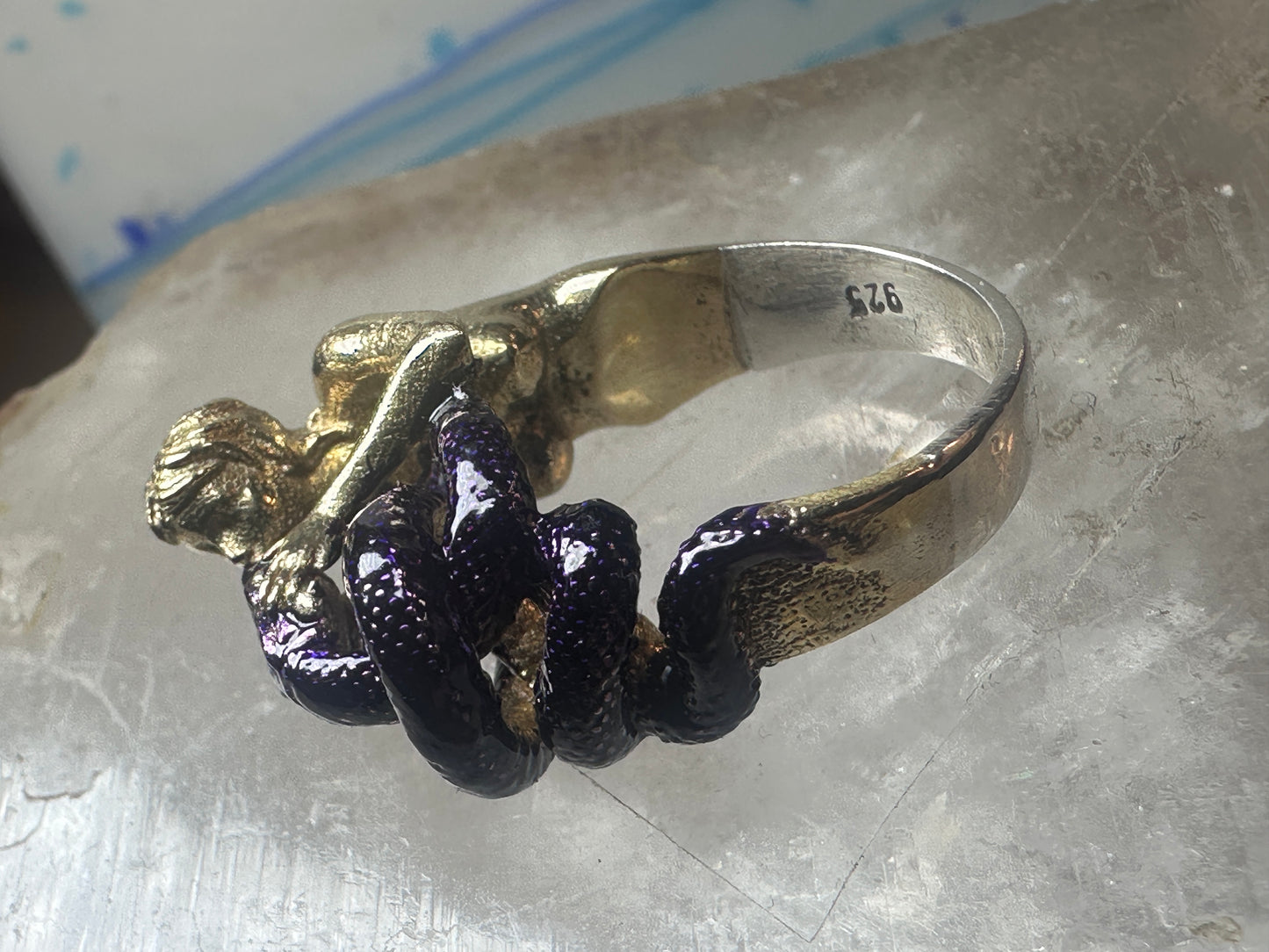 Figurative ring naked lady holding snake band size 7 sterling silver women