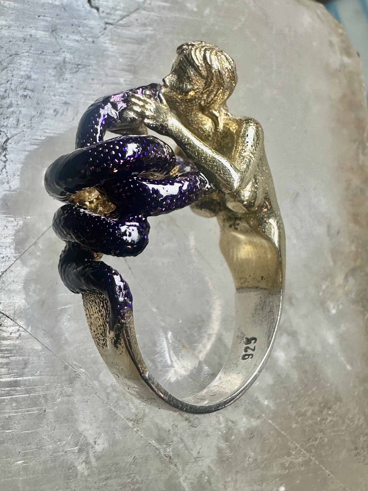 Figurative ring naked lady holding snake band size 7 sterling silver women