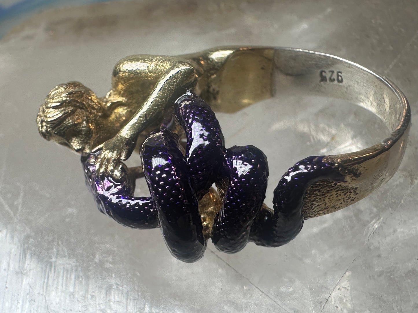 Figurative ring naked lady holding snake band size 7 sterling silver women