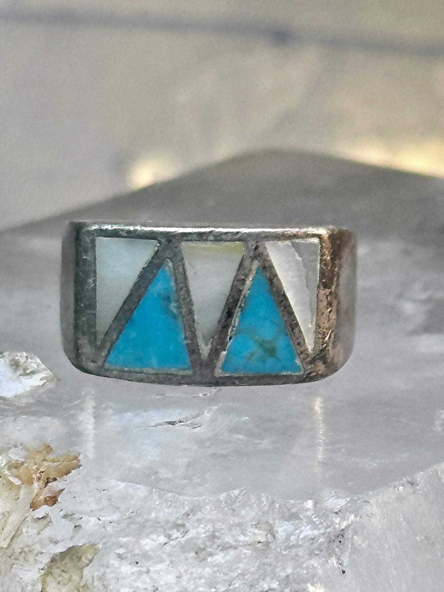 Turquoise Ring mother of pearl band southwest size 7.25 sterling silver women men