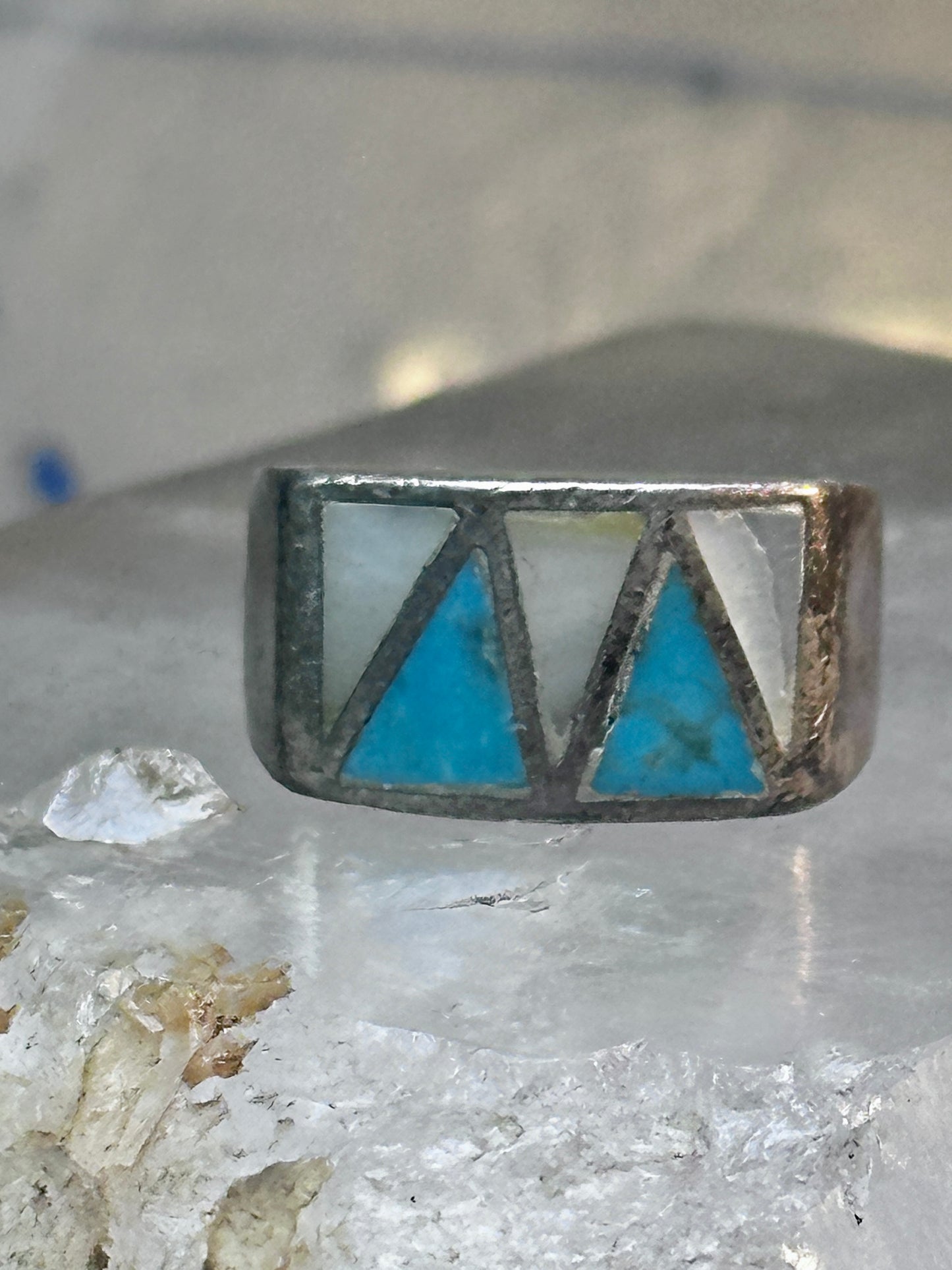 Turquoise Ring mother of pearl band southwest size 7.25 sterling silver women men
