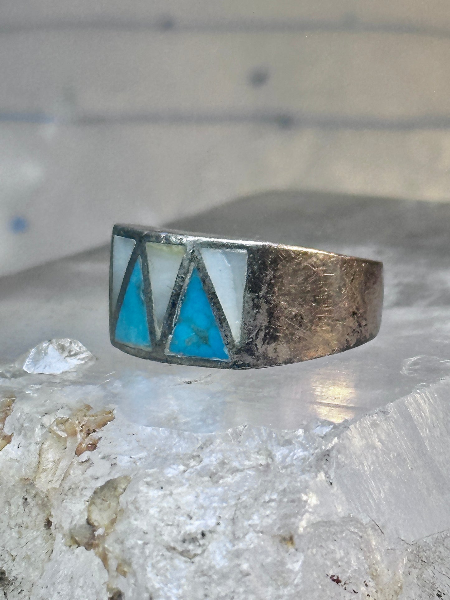 Turquoise Ring mother of pearl band southwest size 7.25 sterling silver women men