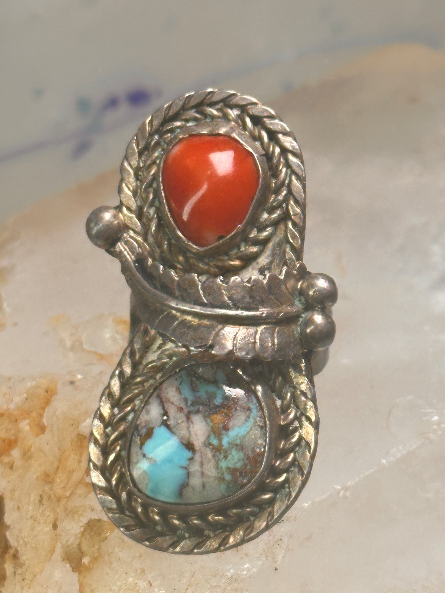 Navajo ring feather turquoise coral size 6.75 sterling silver women