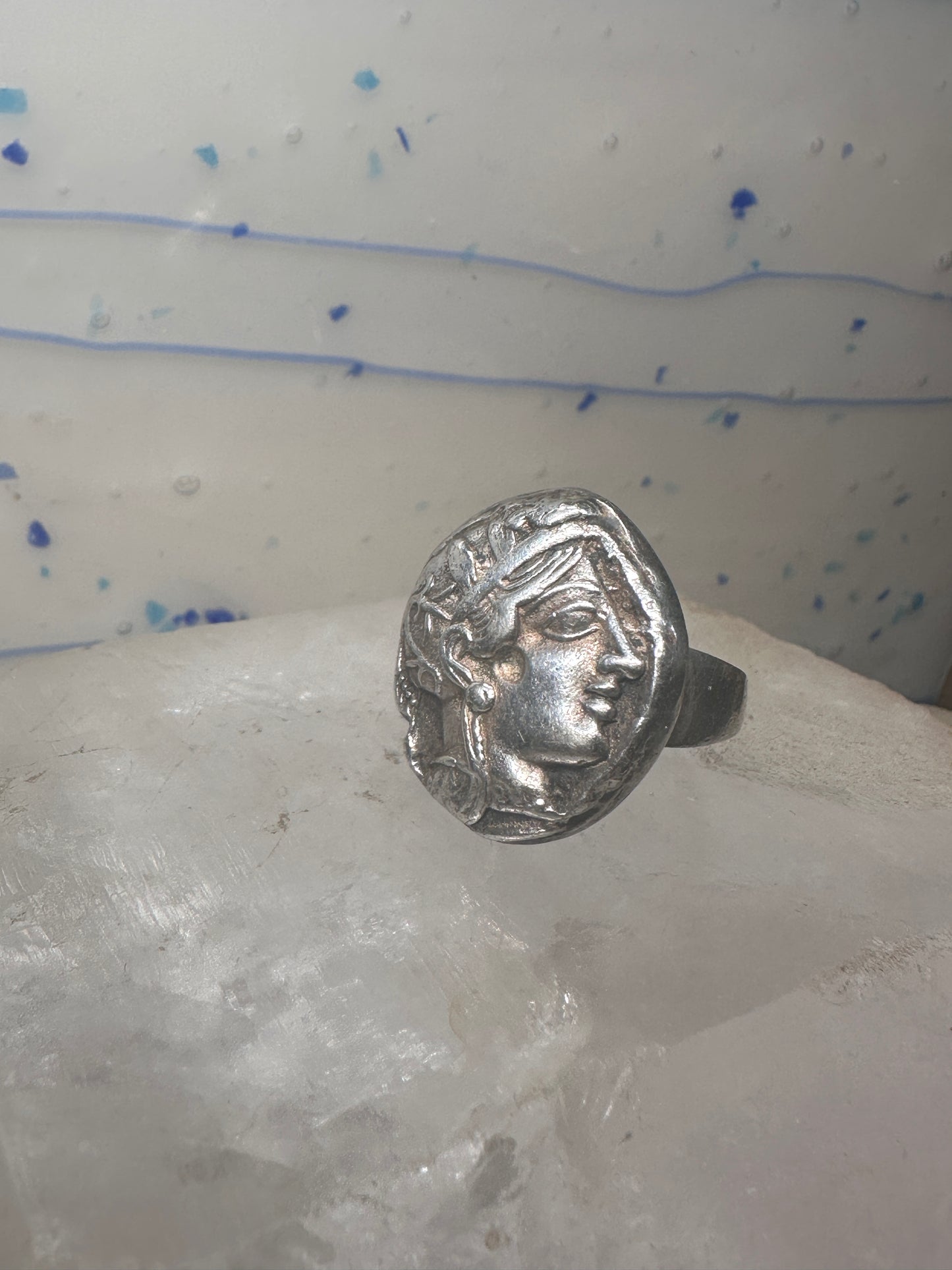 Greco Roman Face ring size 5.75 classical figurative sterling silver women