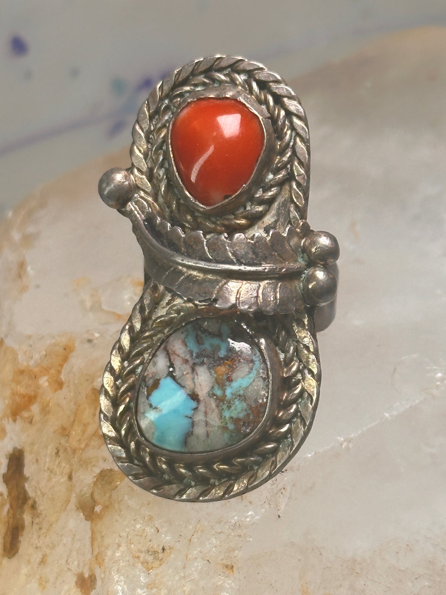 Navajo ring feather turquoise coral size 6.75 sterling silver women