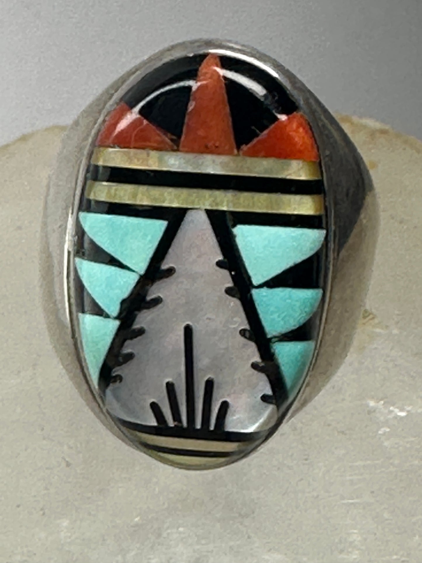 Zuni ring turquoise coral MOP inlay Size 10.75 Sterling Silver women men