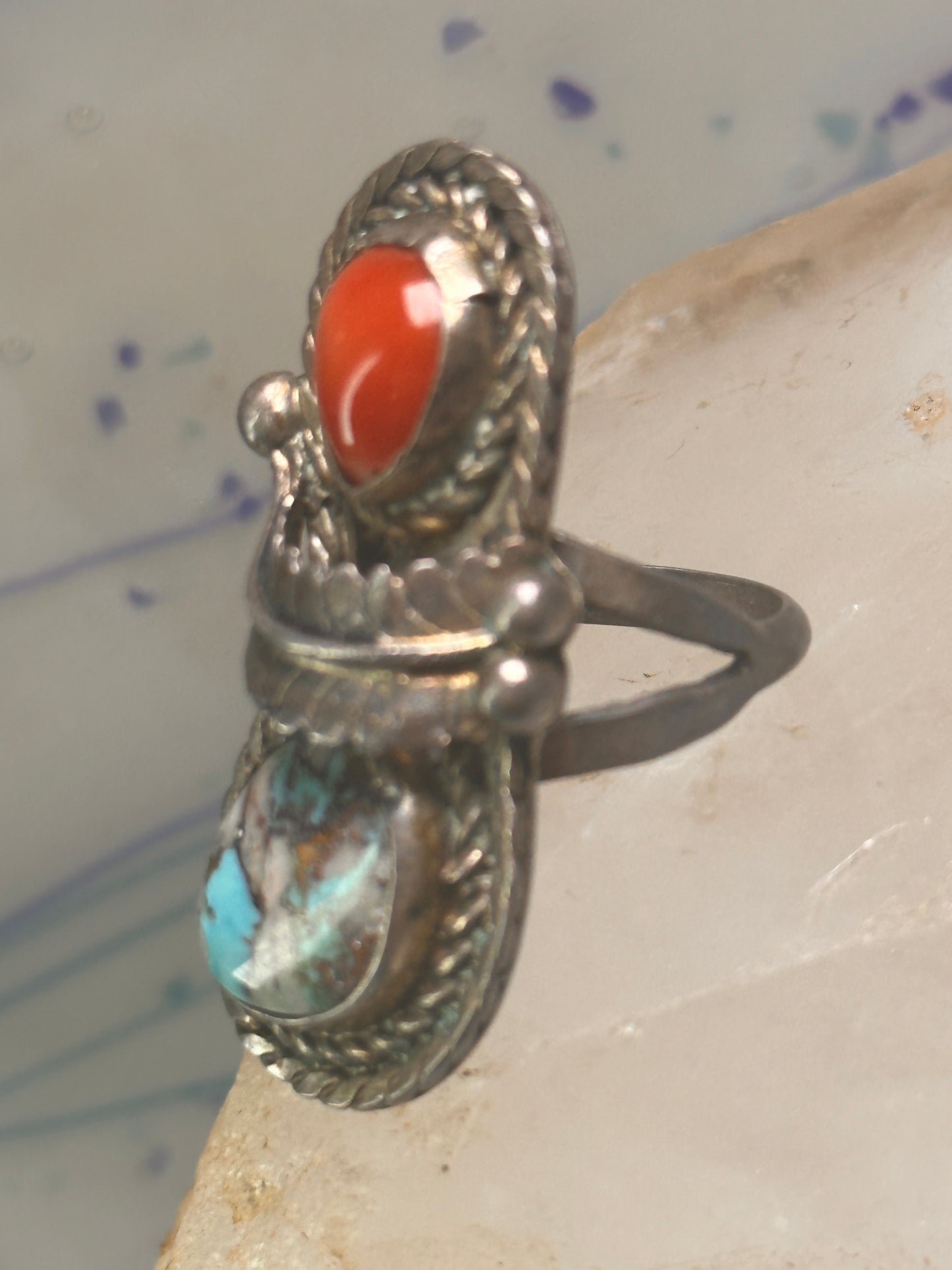 Navajo ring feather turquoise coral size 6.75 sterling silver women