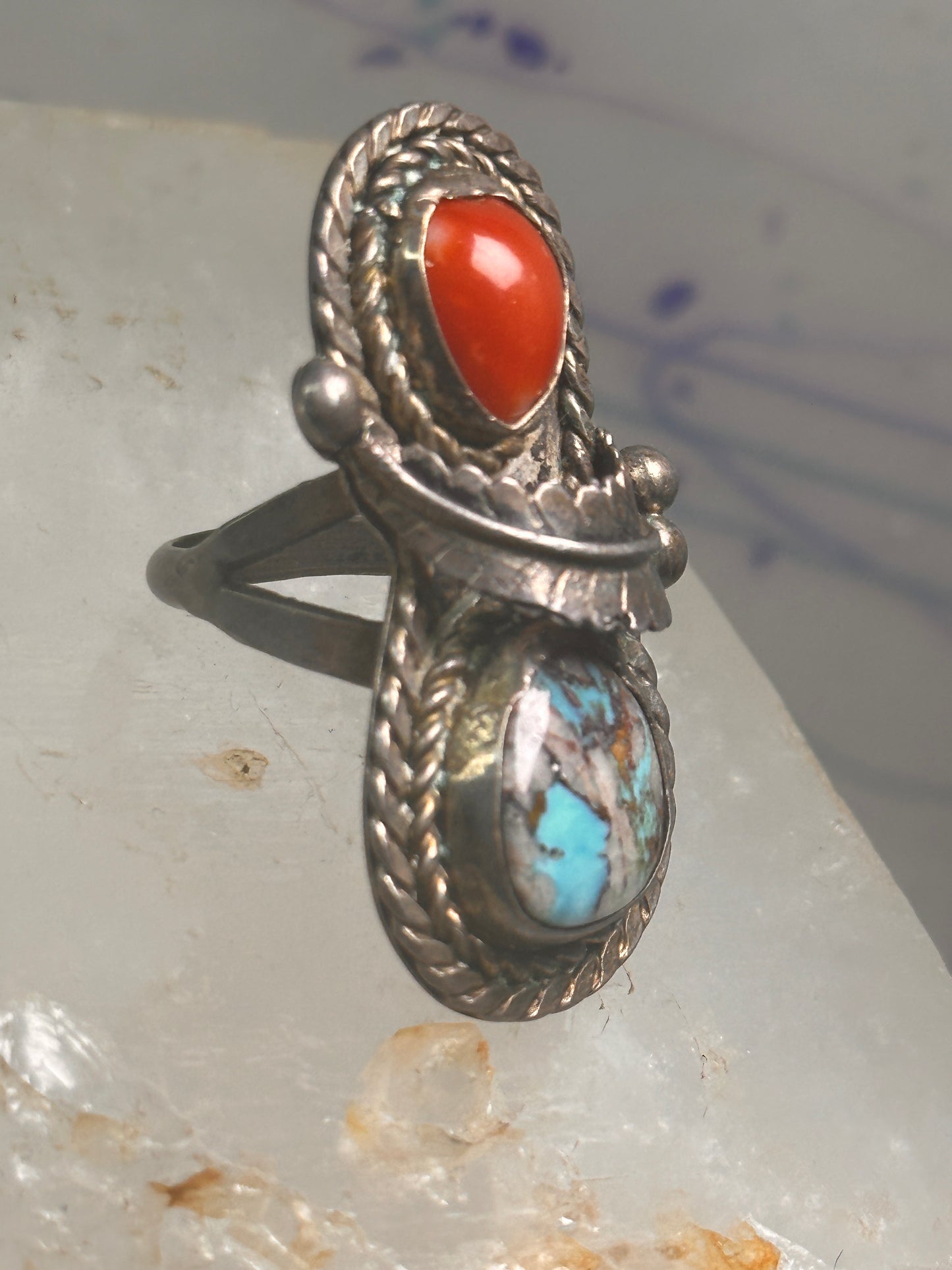 Navajo ring feather turquoise coral size 6.75 sterling silver women