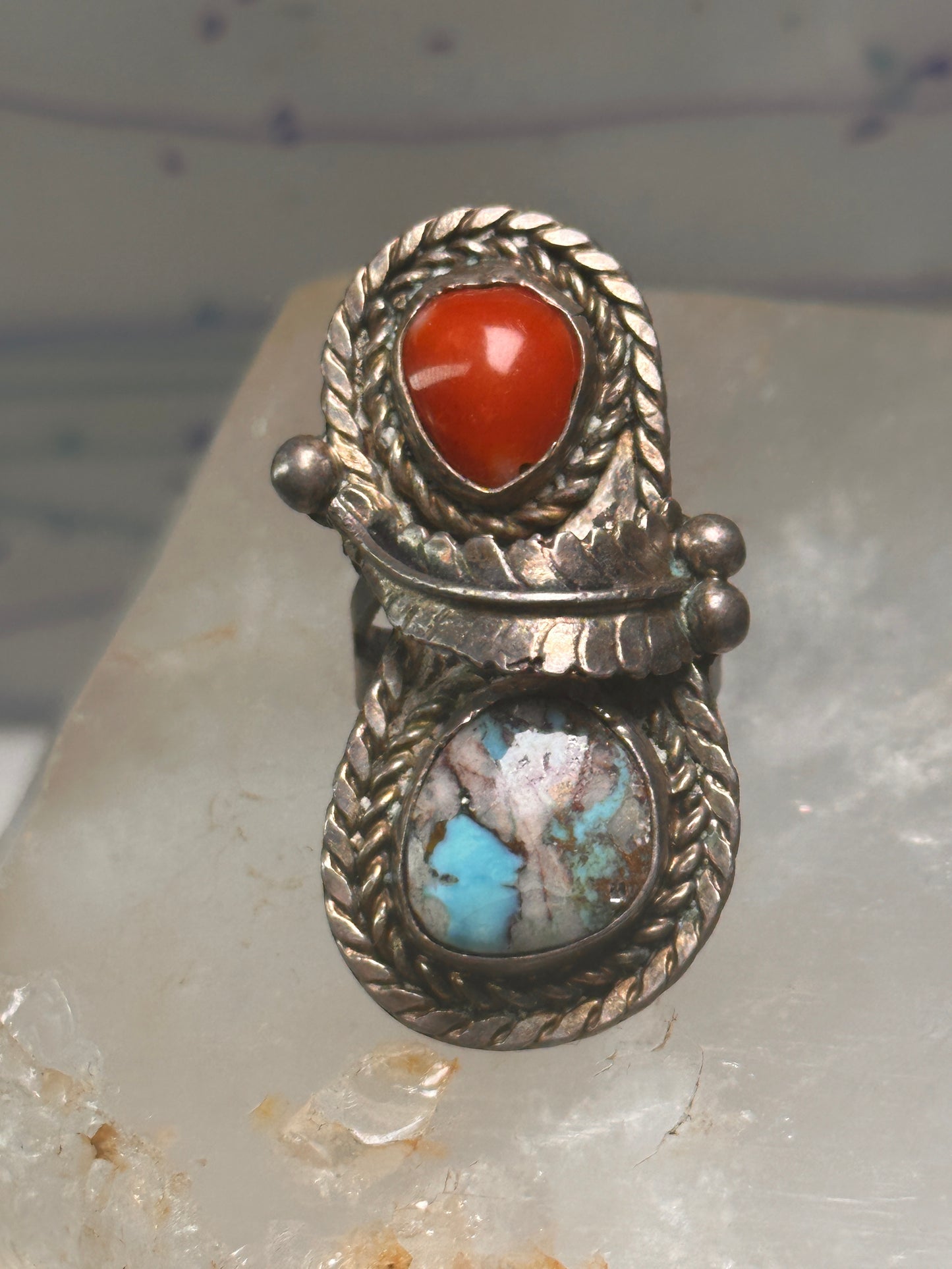 Navajo ring feather turquoise coral size 6.75 sterling silver women