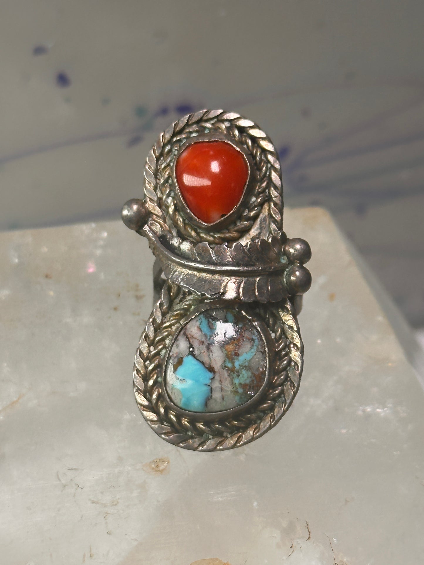 Navajo ring feather turquoise coral size 6.75 sterling silver women