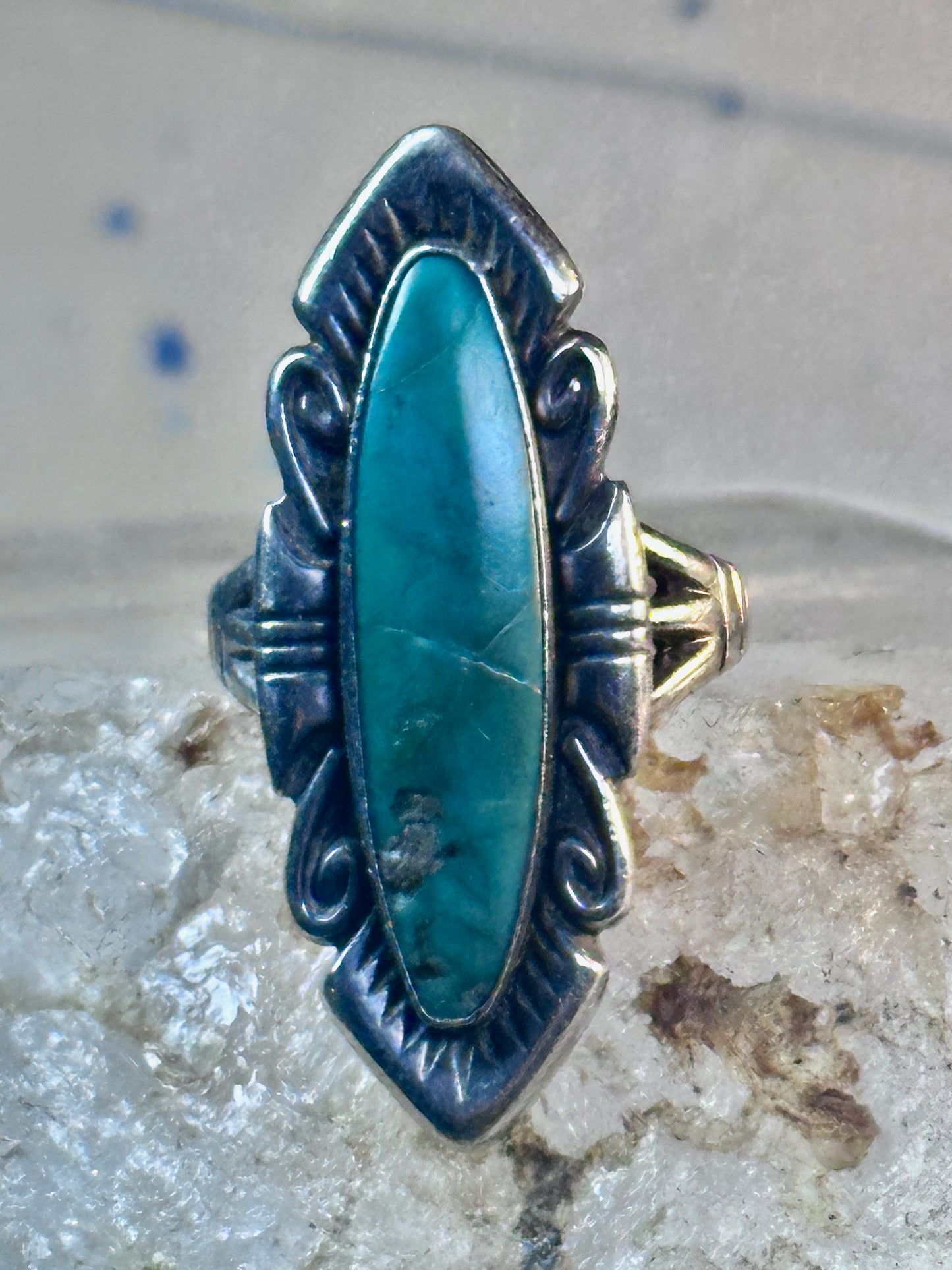Vintage Long Turquoise Ring Navajo size 7.75 sterling silver women girls