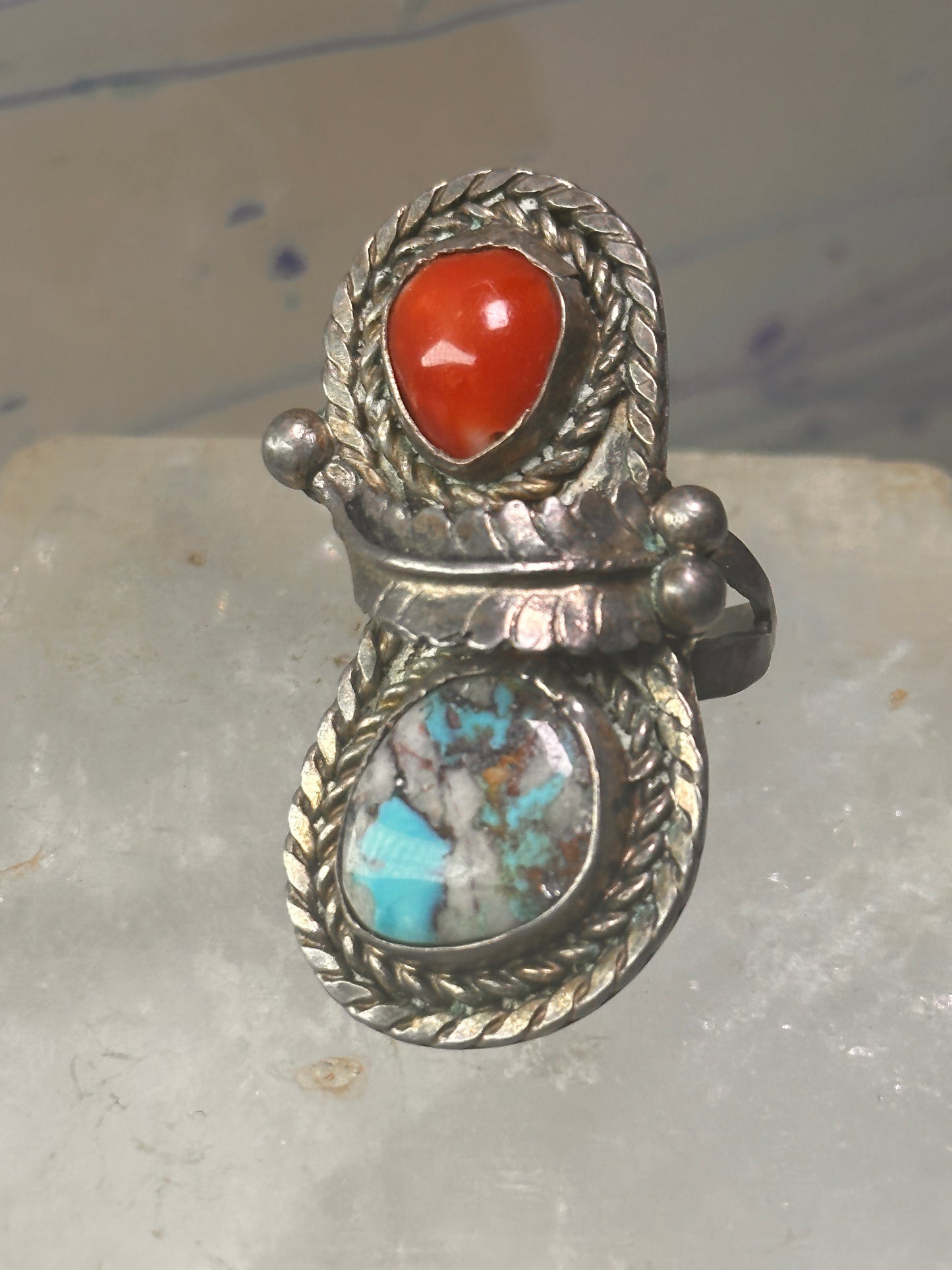 Navajo ring feather turquoise coral size 6.75 sterling silver women