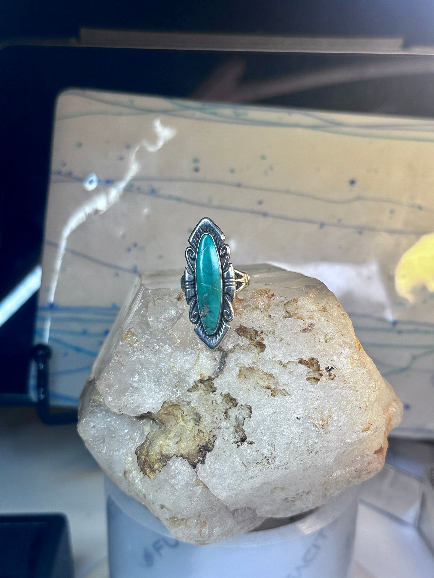 Vintage Long Turquoise Ring Navajo size 7.75 sterling silver women girls